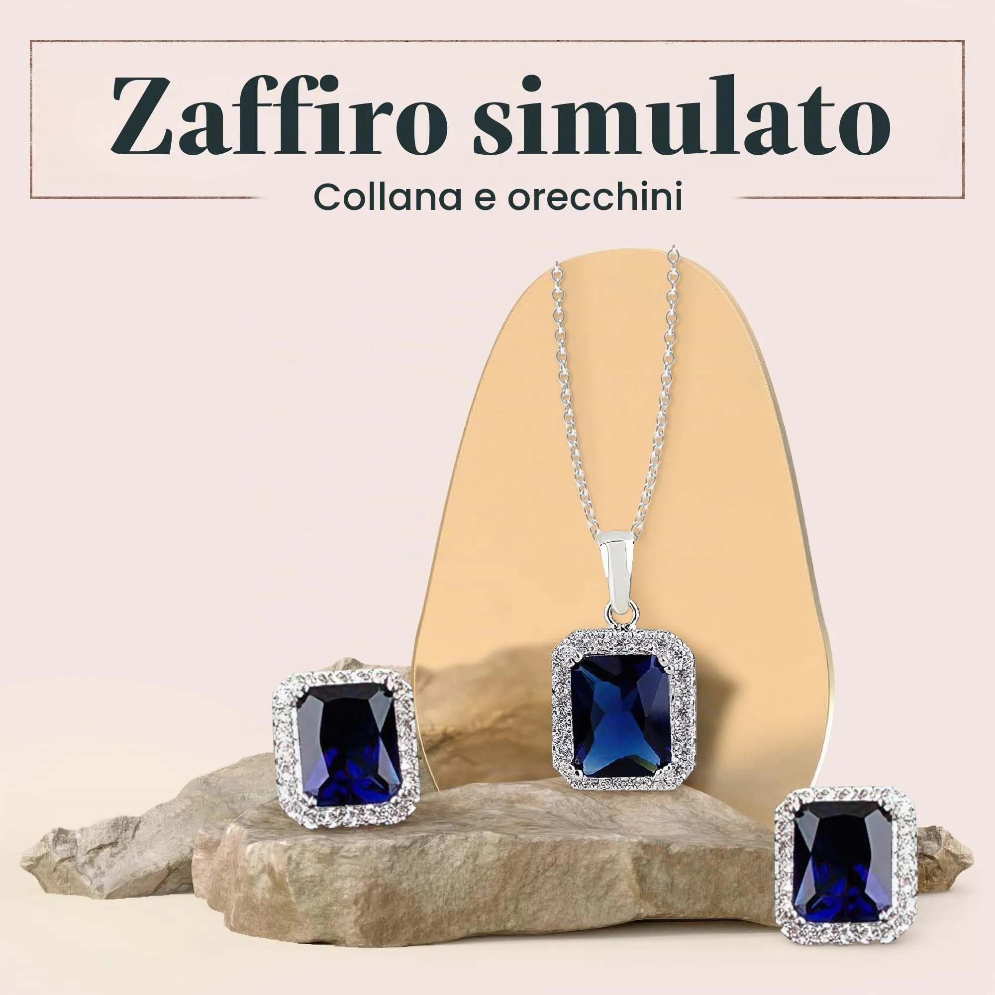 Crystalline Azuria Donna Parure 18ct Placcato Oro Bianco con Zaffiro Simulato Blu e Cristalli di Zirconi, Collana con Ciondolo 45 cm e Orecchini a Lobo - immagine 2