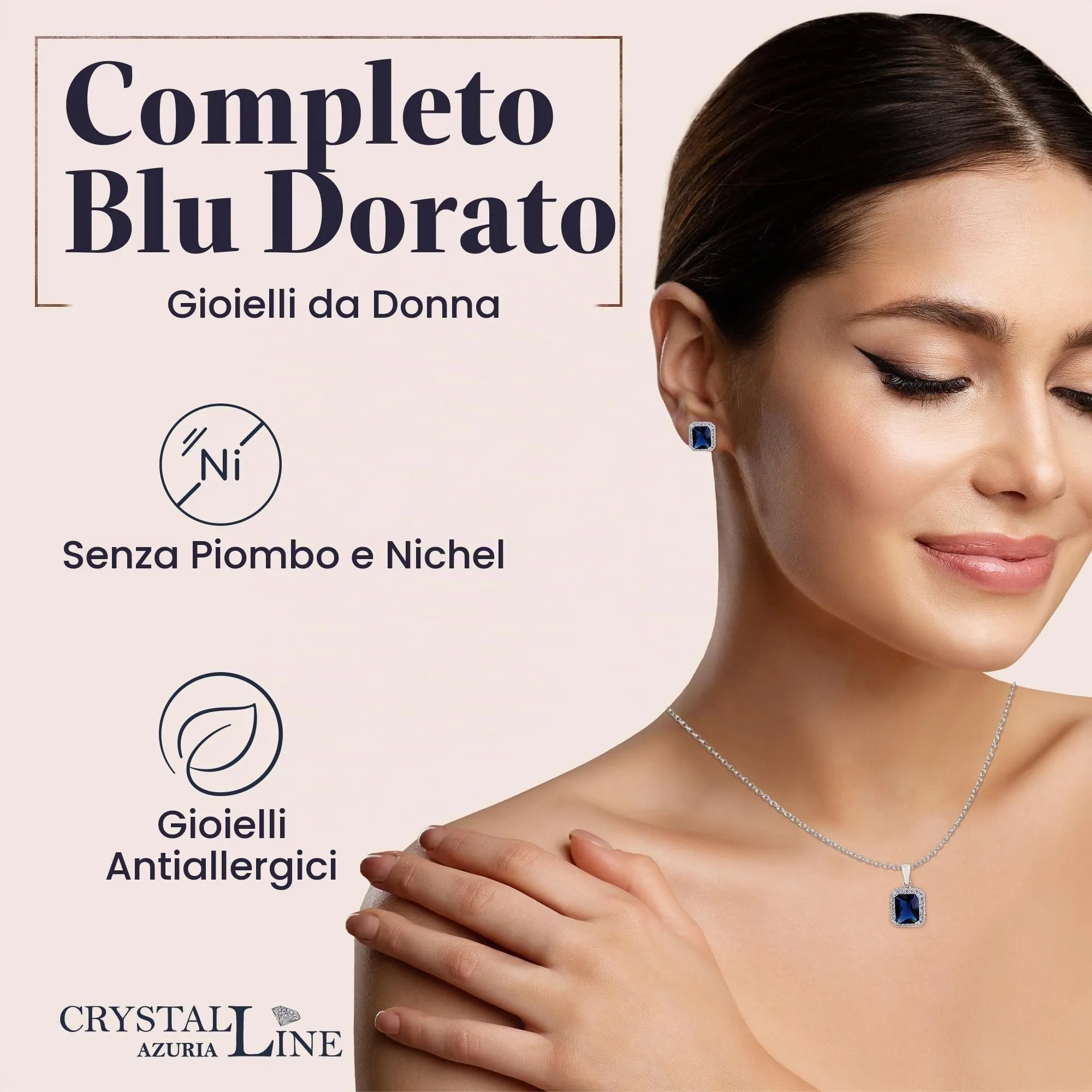 Crystalline Azuria Donna Parure 18ct Placcato Oro Bianco con Zaffiro Simulato Blu e Cristalli di Zirconi, Collana con Ciondolo 45 cm e Orecchini a Lobo - immagine 3