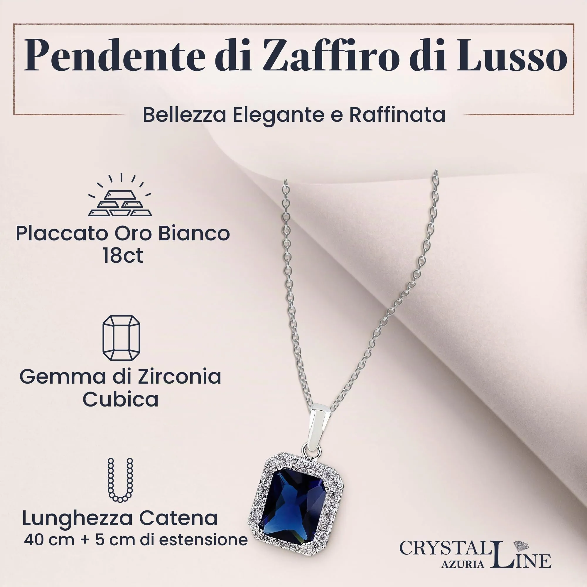 Crystalline Azuria Donna Parure 18ct Placcato Oro Bianco con Zaffiro Simulato Blu e Cristalli di Zirconi, Collana con Ciondolo 45 cm e Orecchini a Lobo - immagine 4