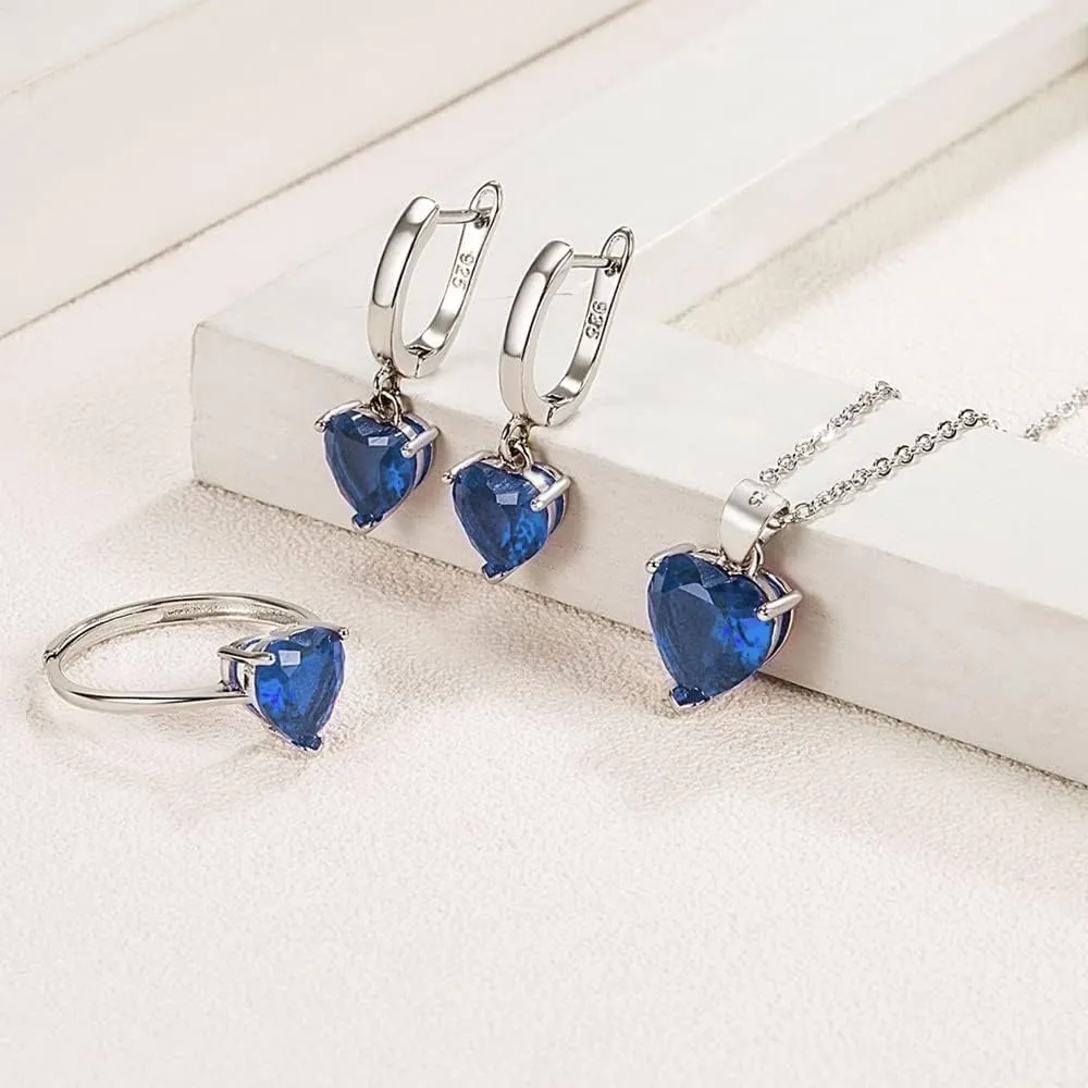 TTPSRY Set di Gioielli Collana Orecchini e Anello in Argento con Strass Cuore Pendente (Blu) - immagine 8