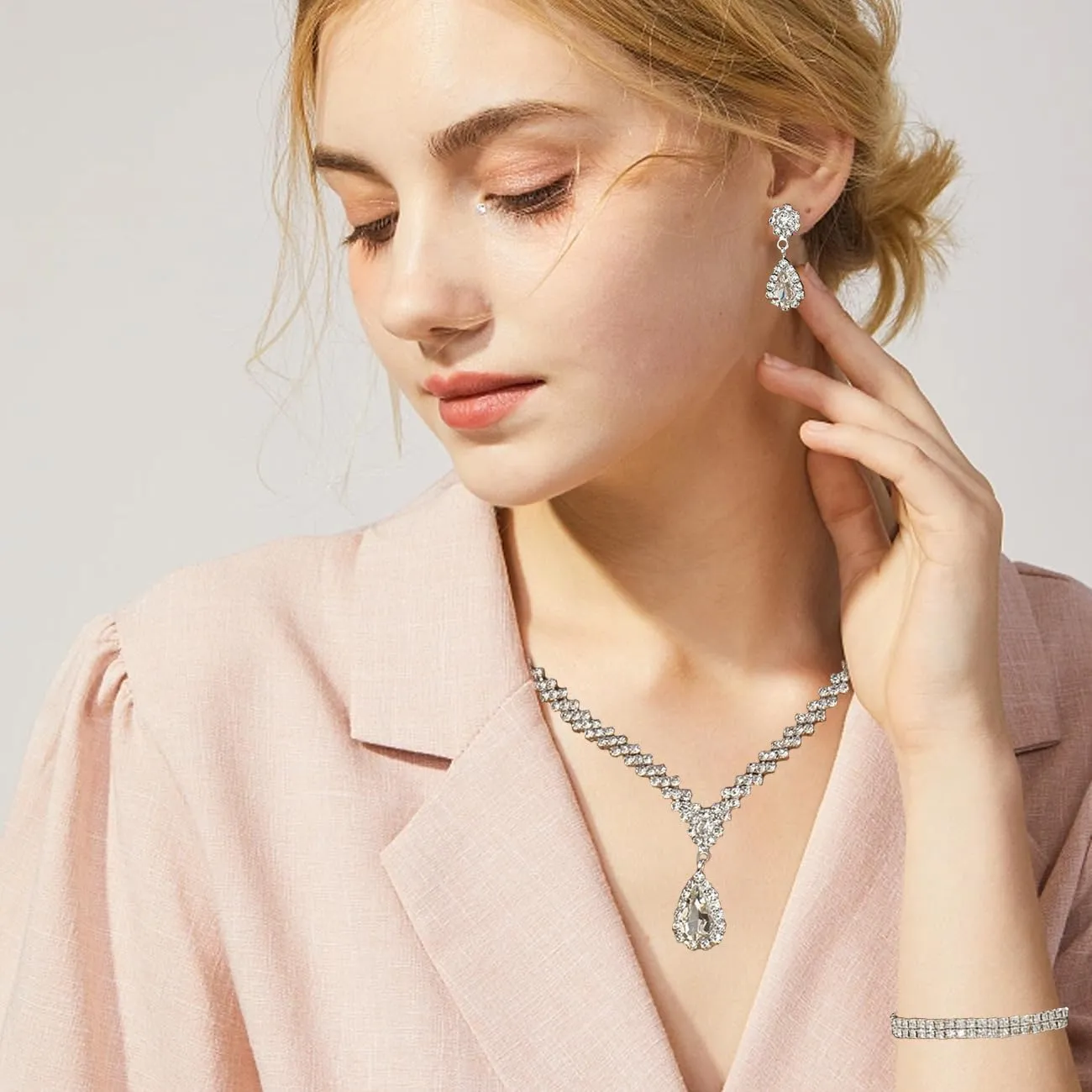 TOEECY Set di Gioielli da Sposa con Strass e Perle, Collana, Bracciale e Orecchini (#5) - immagine 8