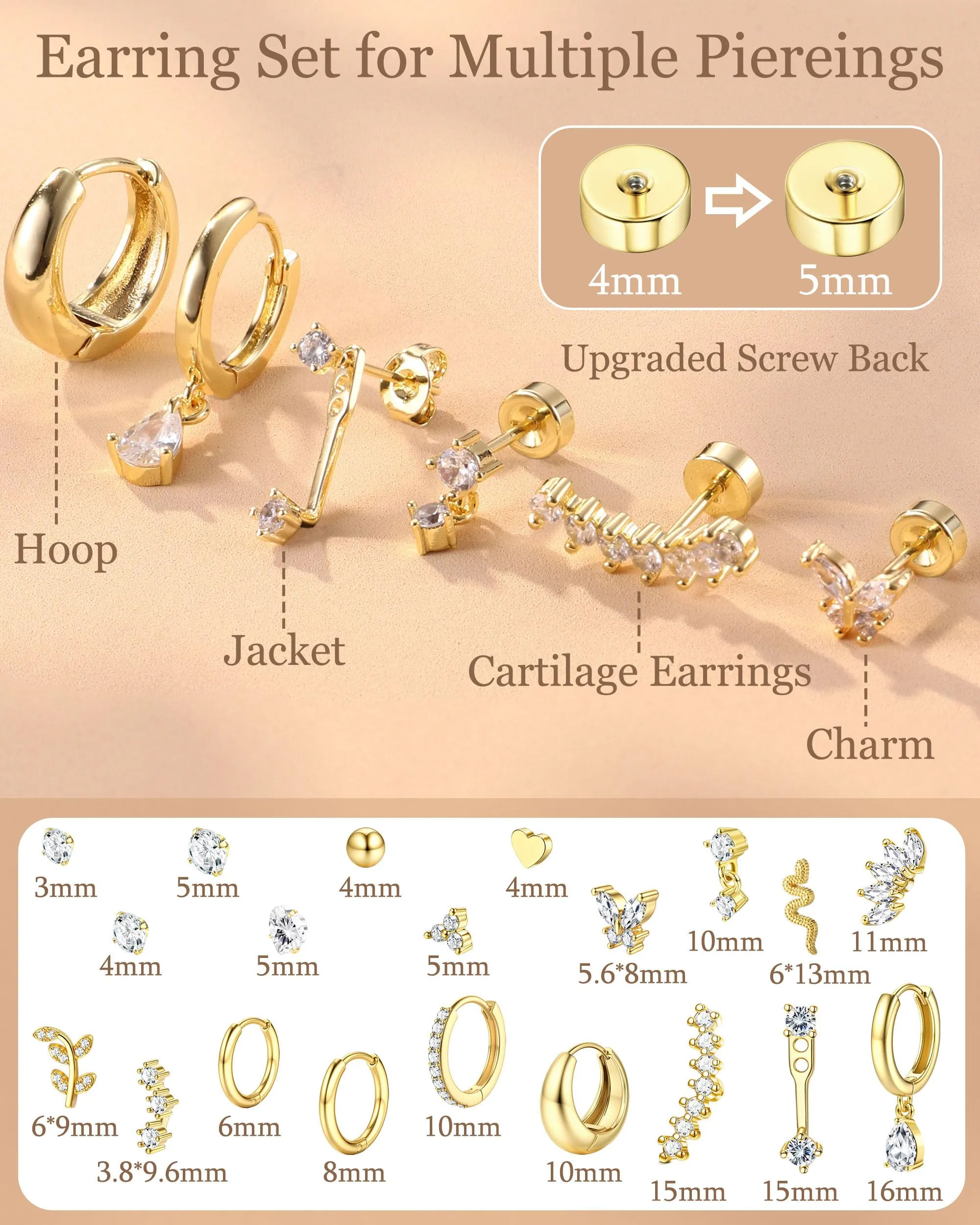 LOLIAS 20Pcs Piercing Orecchio Acciaio Chirurgico Set Donna - immagine 4