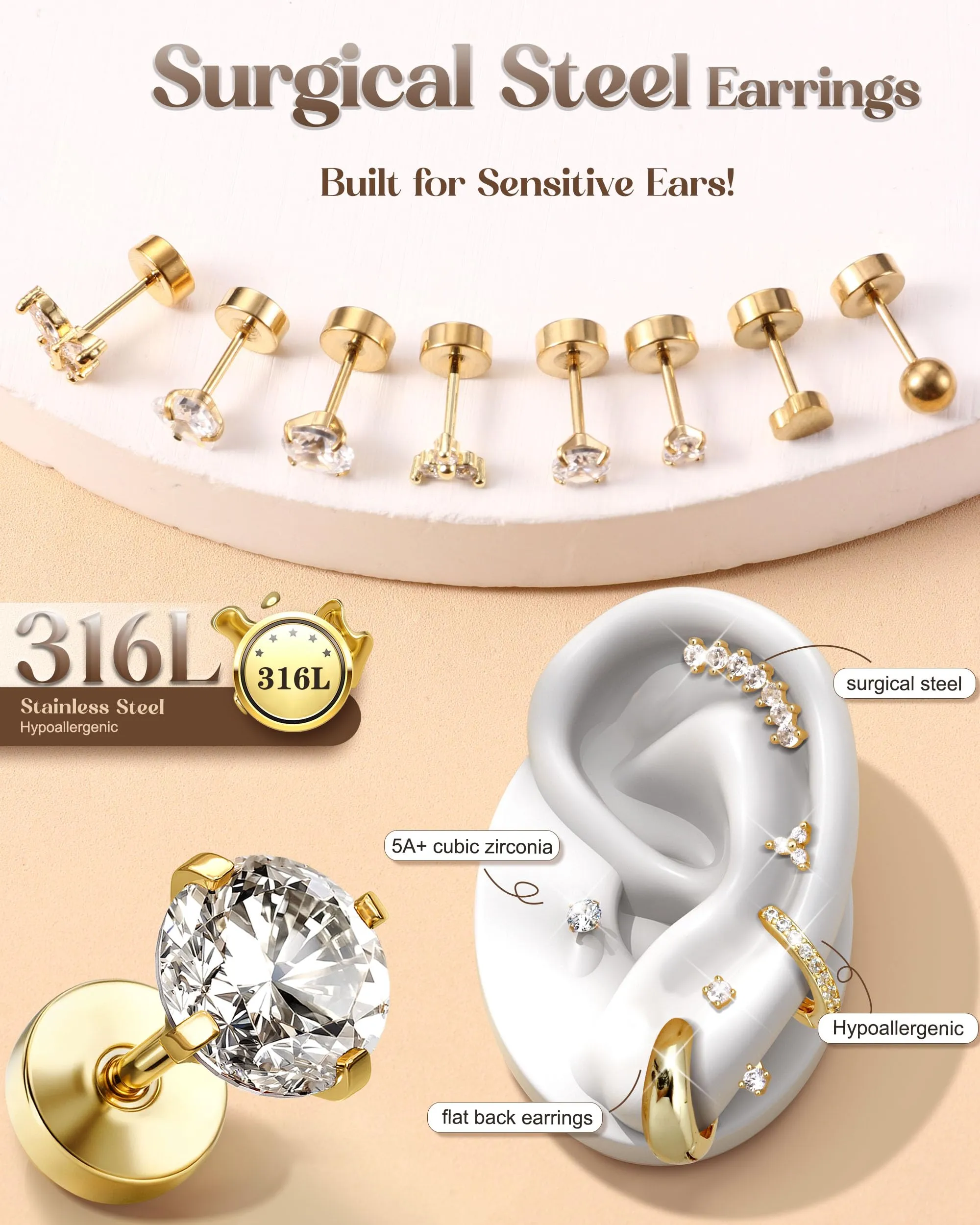 LOLIAS 20Pcs Piercing Orecchio Acciaio Chirurgico Set Donna - immagine 7