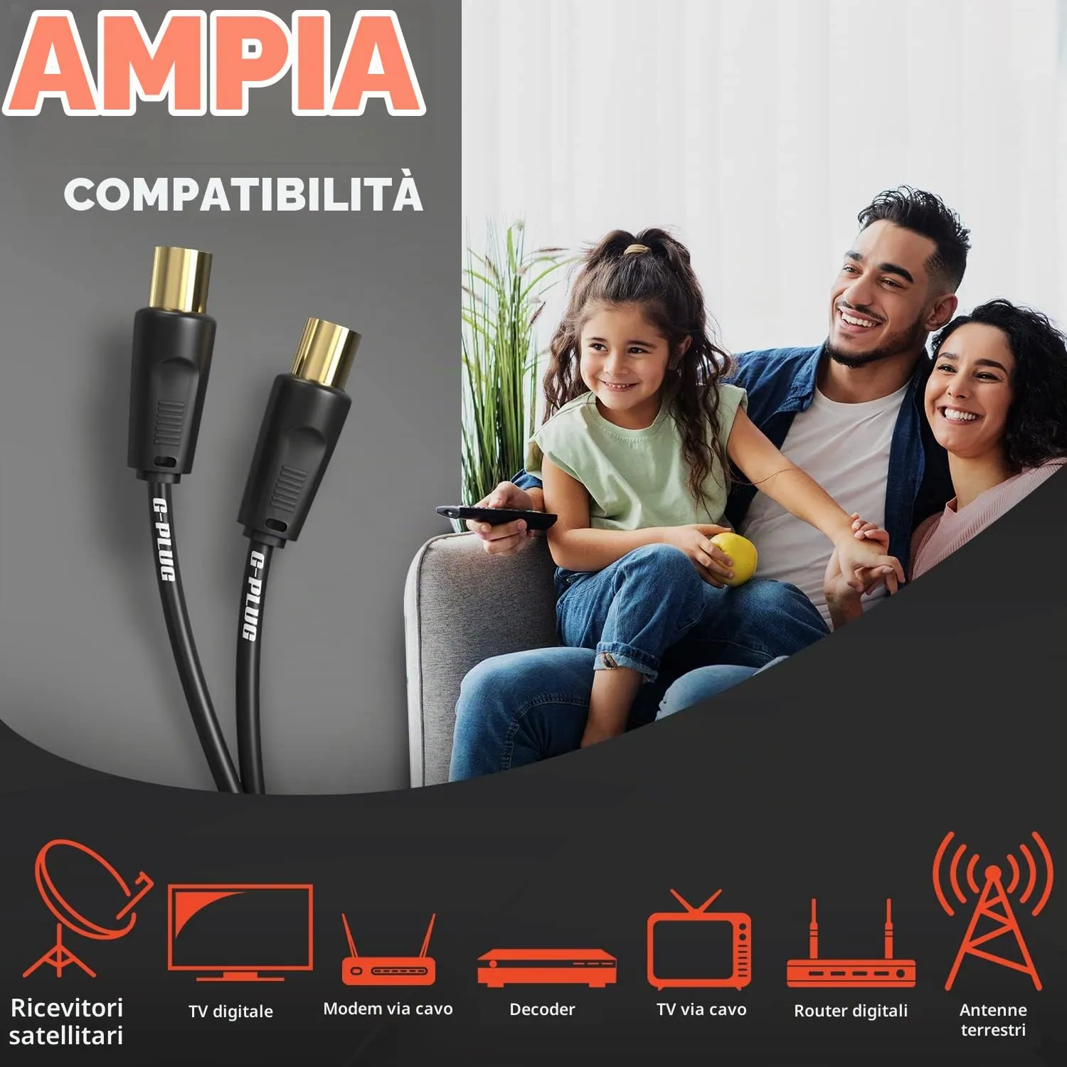 G-PLUG Cavo Antenna TV Maschio-Maschio, Prolunga Cavo Coassiale, 2m - immagine 2