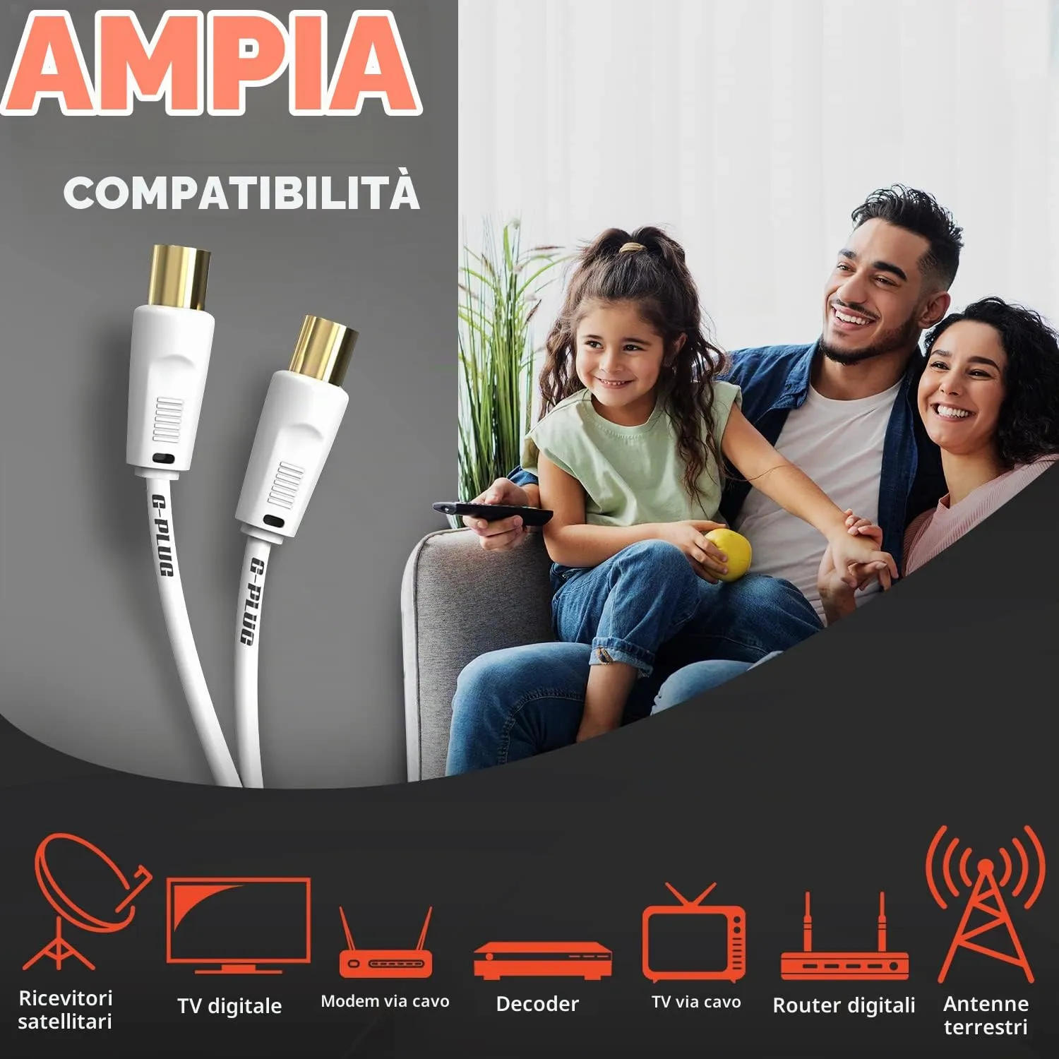 G-PLUG Cavo Antenna TV Maschio-Maschio, Prolunga Cavo Coassiale, 2m, Bianco - immagine 2