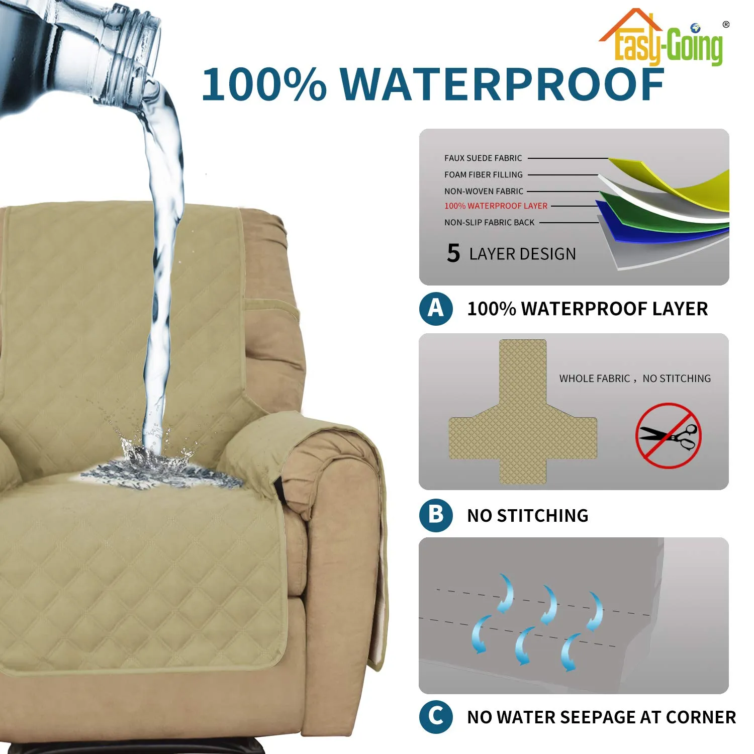 Easy-Going Copridivano Impermeabile Oversize per Poltrona Reclinabile, Tessuto Antiscivolo, Lavabile, Colore Sabbia - immagine 3