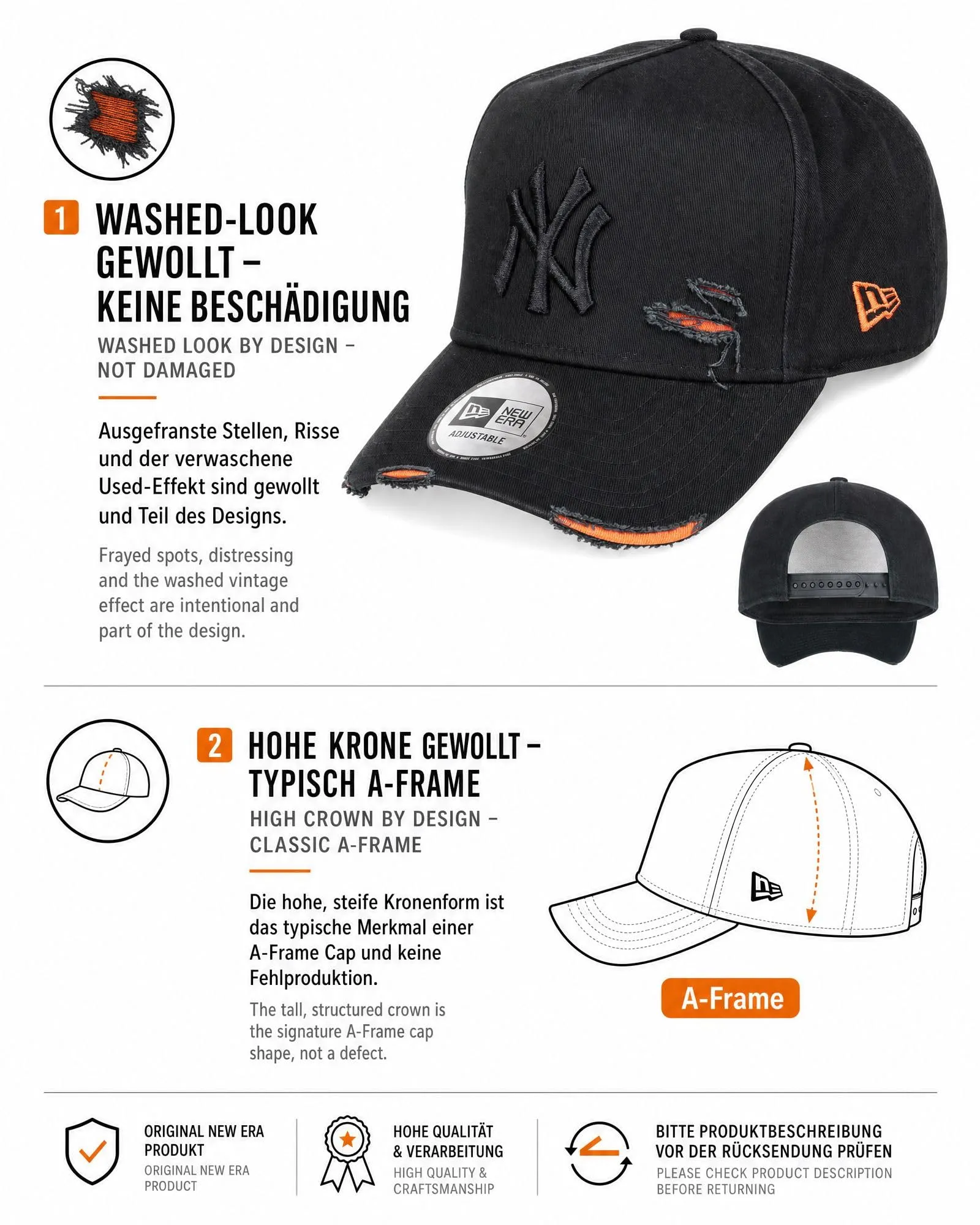 New Era New York Yankees 9Forty A-Frame Adjustable Cap - Distressed Black/Orange - immagine 2