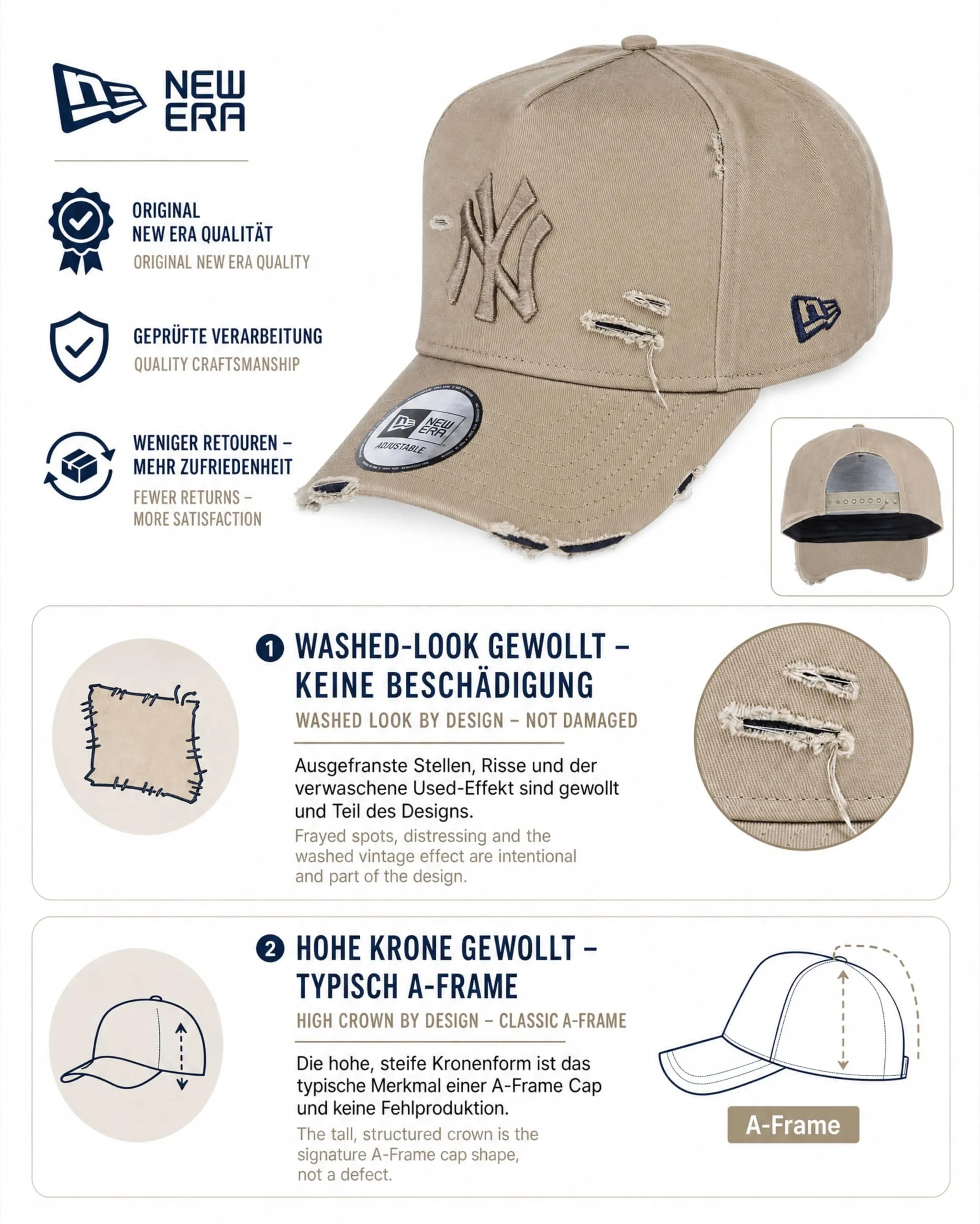 New Era New York Yankees 9Forty A-Frame Adjustable Cap - Distressed Beige/Navy - immagine 2
