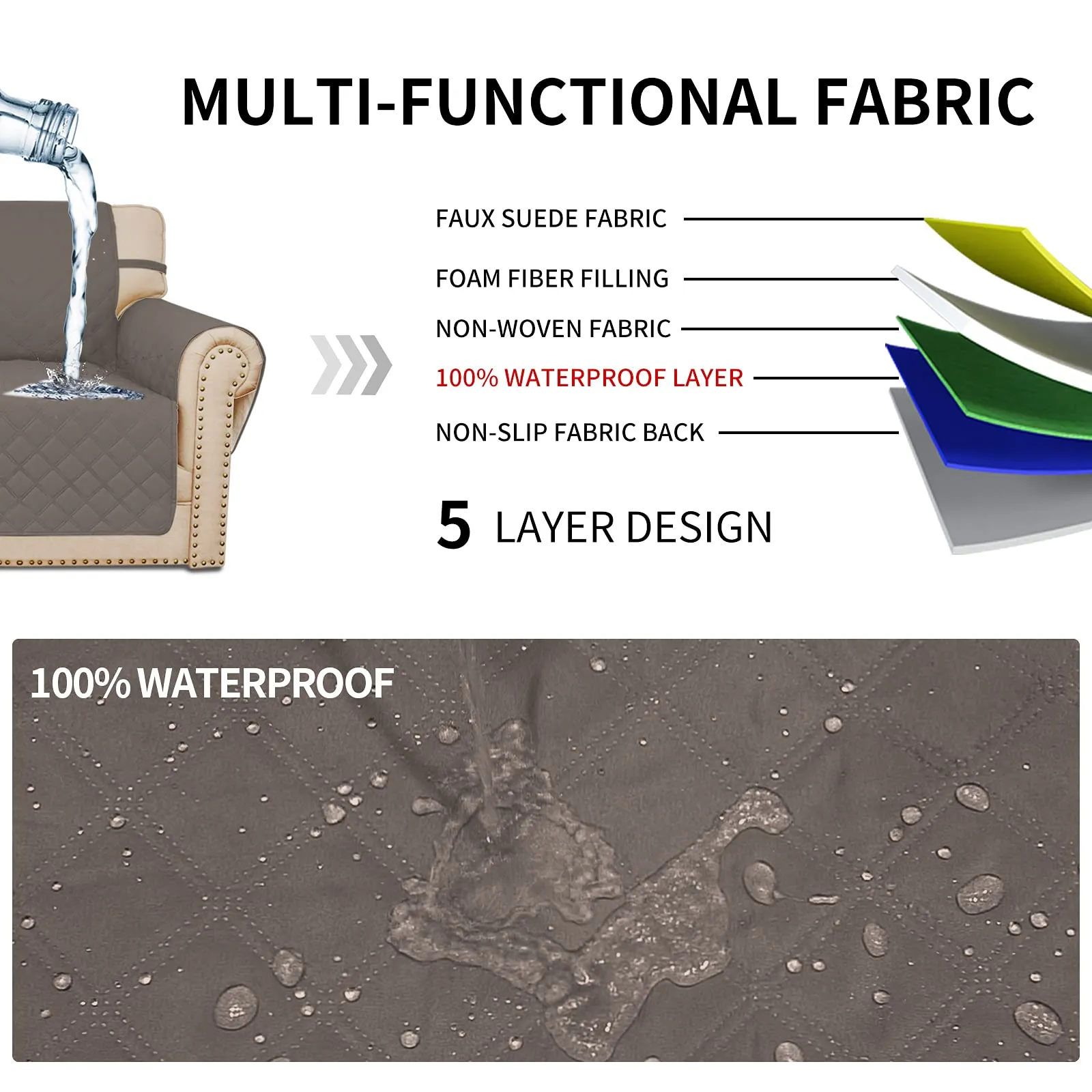 Easy-Going Copridivano impermeabile e lavabile, tessuto antiscivolo con tasca, tortora - immagine 3