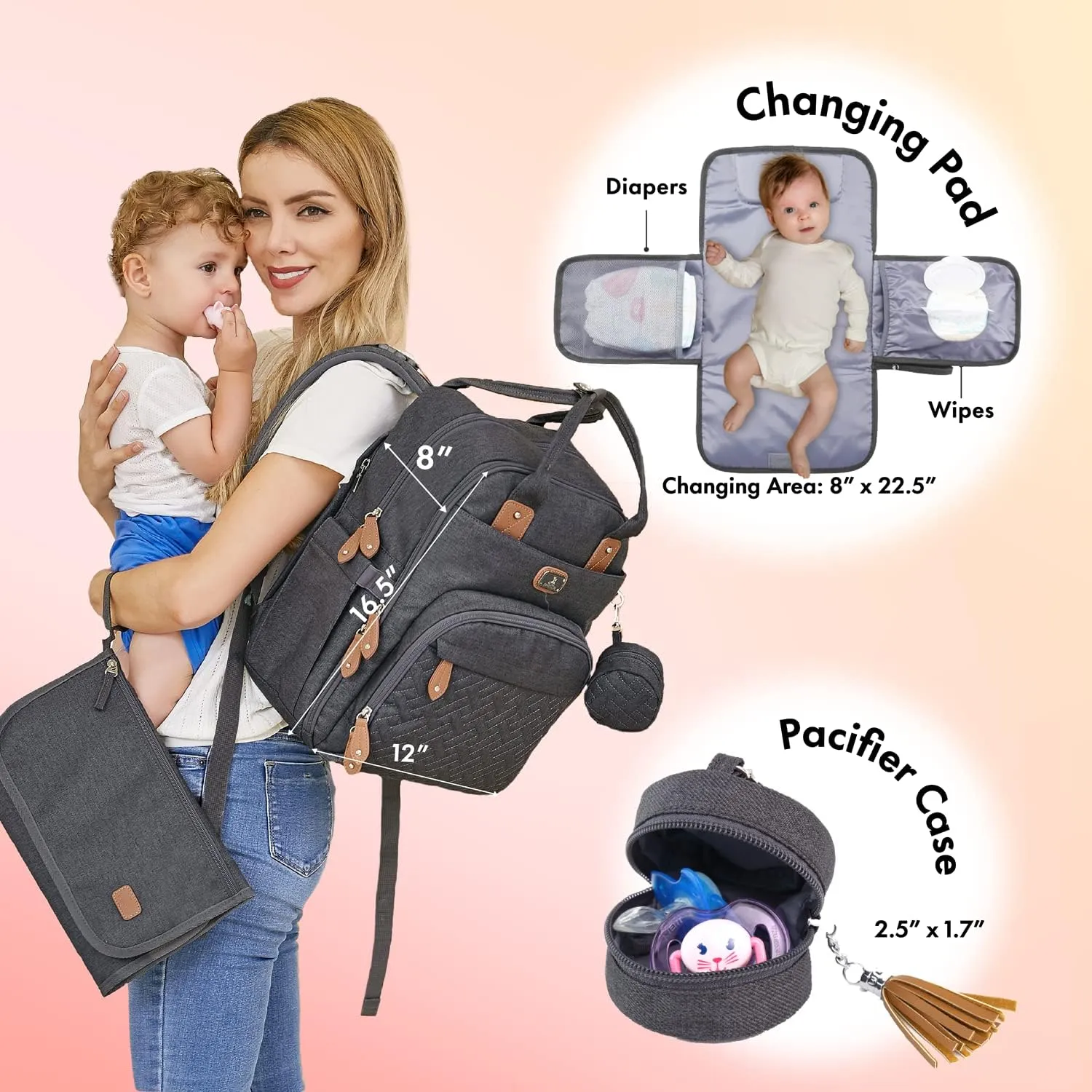 Dikaslon Zaino Fasciatoio con Fasciatoio Portatile, Porta Ciuccio e Cinghie per Passeggino - Grigio Scuro - immagine 2