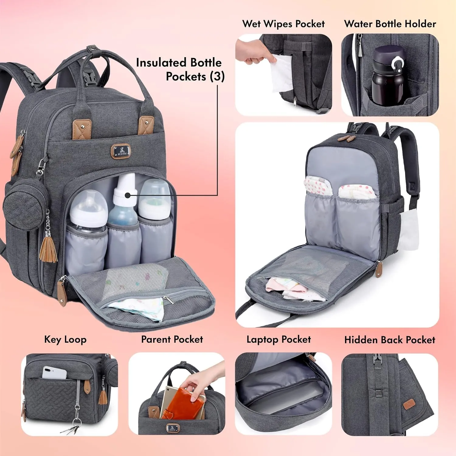 Dikaslon Zaino Fasciatoio con Fasciatoio Portatile, Porta Ciuccio e Cinghie per Passeggino - Grigio Scuro - immagine 4