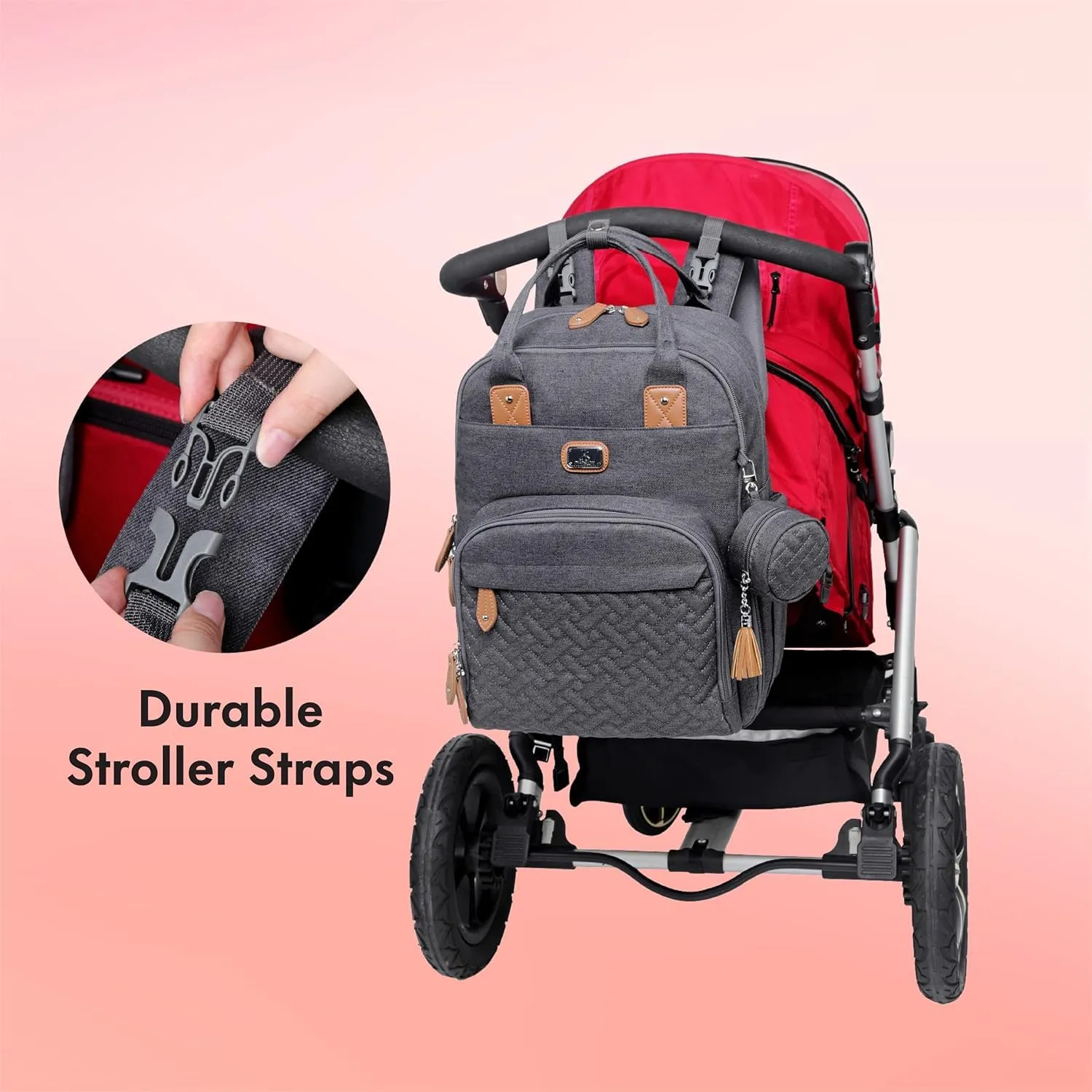 Dikaslon Zaino Fasciatoio con Fasciatoio Portatile, Porta Ciuccio e Cinghie per Passeggino - Grigio Scuro - immagine 6