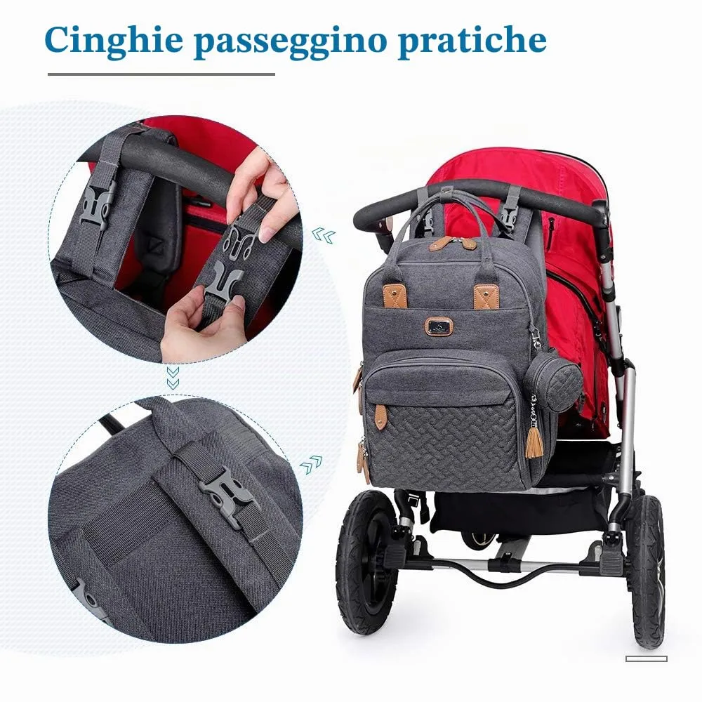 Dikaslon Zaino Fasciatoio con Fasciatoio Portatile, Porta Ciuccio e Cinghie per Passeggino - Grigio Scuro - immagine 8