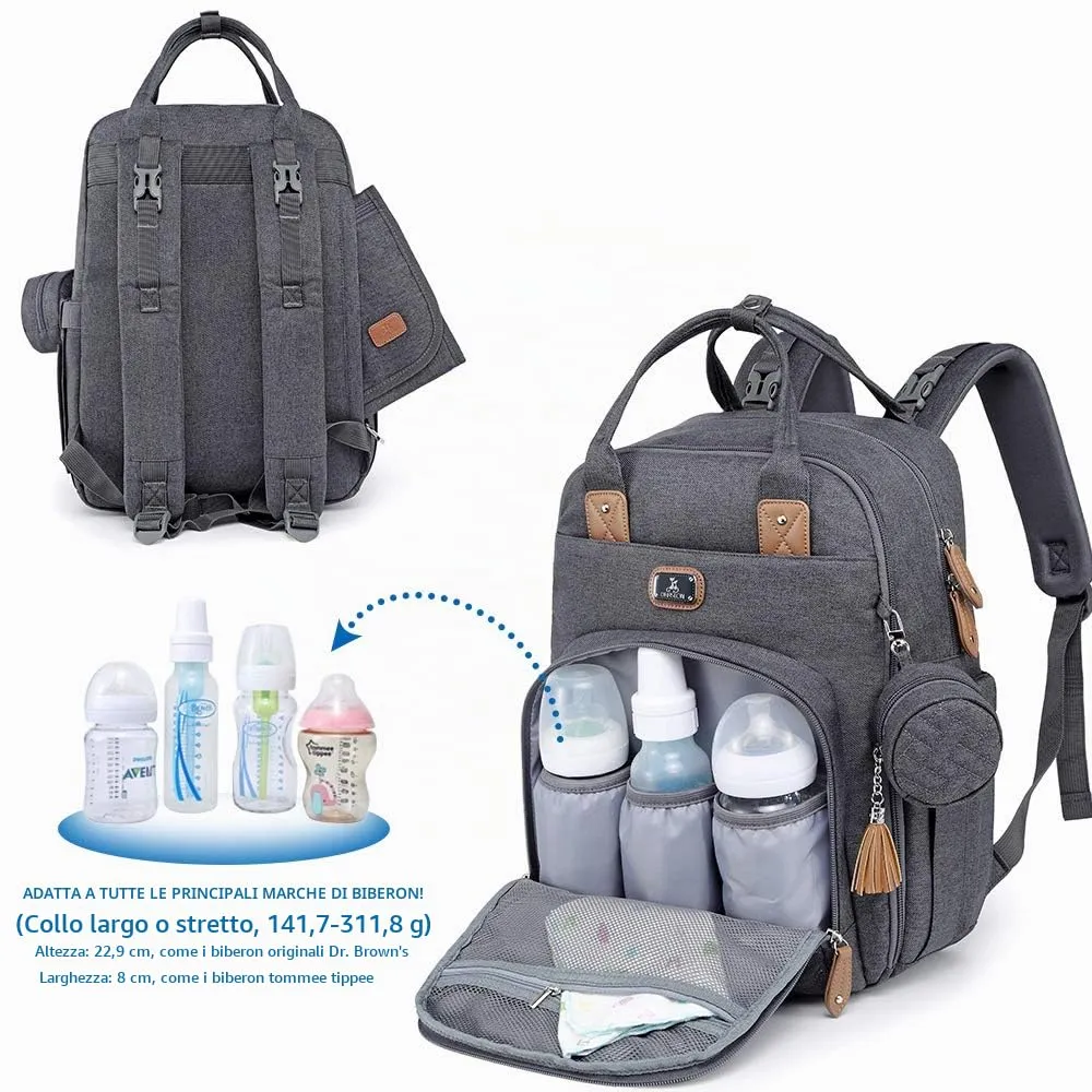Dikaslon Zaino Fasciatoio con Fasciatoio Portatile, Porta Ciuccio e Cinghie per Passeggino - Grigio Scuro - immagine 9