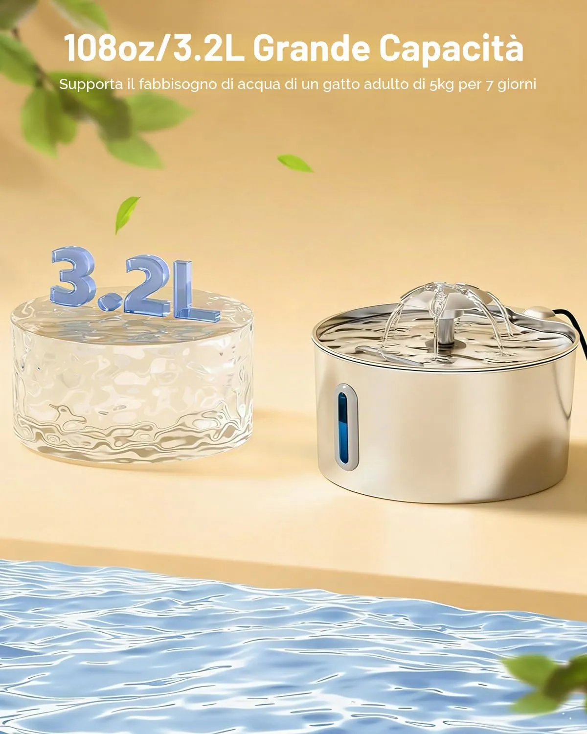 BalimoPet Fontanella per Gatti in Acciaio Inox, 3,2L, Sistema di Filtraggio Quadruplo e Luce LED - immagine 4