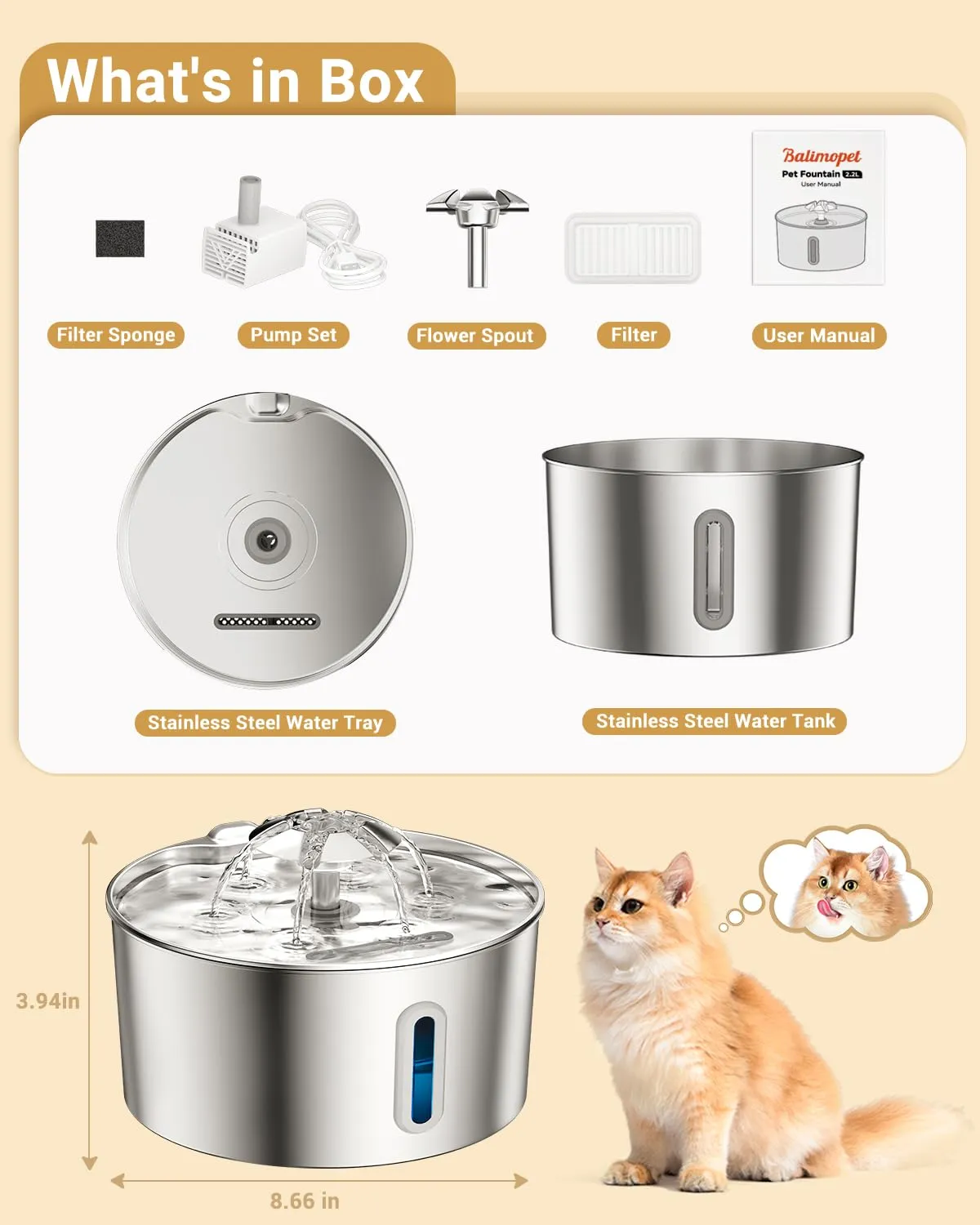 BalimoPet Fontanella per Gatti in Acciaio Inox, 3,2L, Sistema di Filtraggio Quadruplo e Luce LED - immagine 7