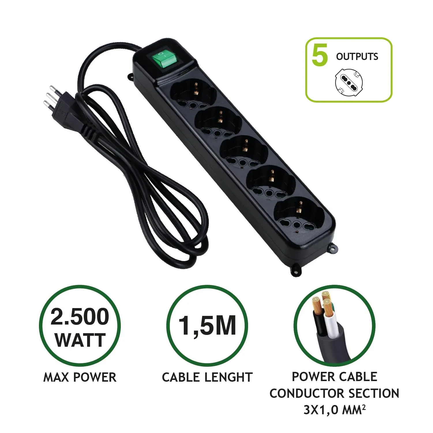 Tecnoware Multipresa 5 Posti Schuko/Ita 10A Nero FMP5IIG - immagine 2
