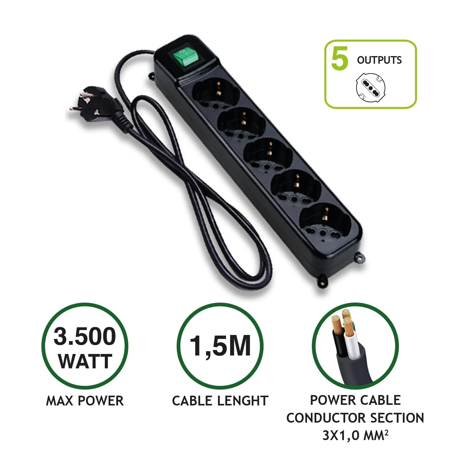 Tecnoware Multipresa Ciabatta Elettrica 5 Uscite Schuko/Italia 10/16A, Interruttore Luminoso e Protezione Bambini, Spina Ingresso Schuko, Nero - immagine 2
