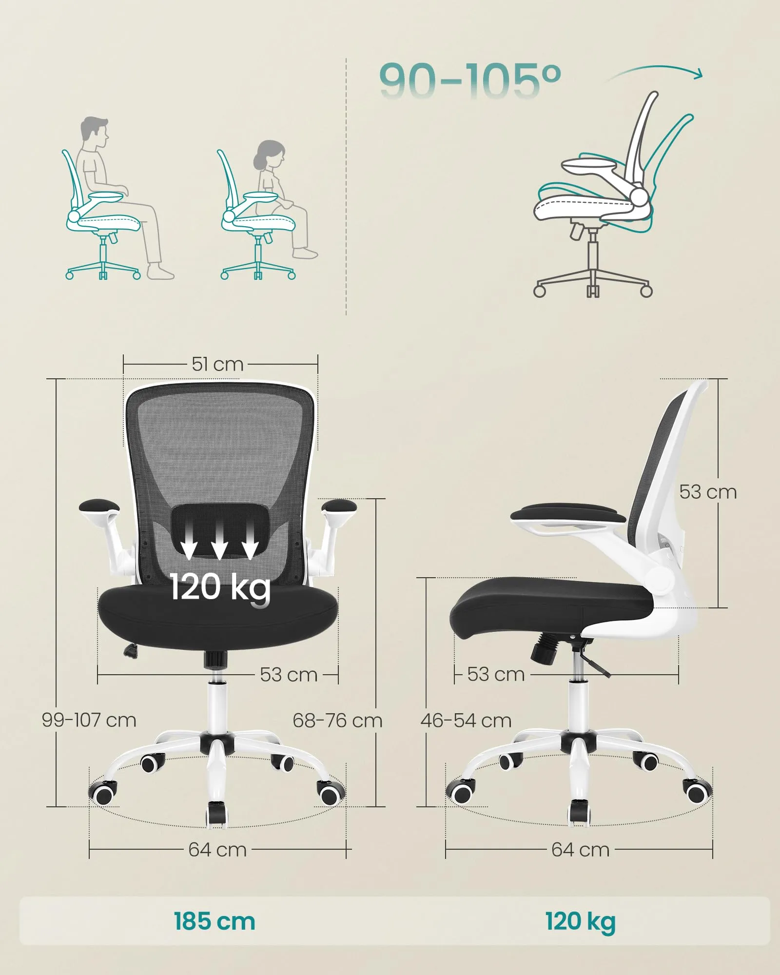 SONGMICS Sedia da Ufficio Girevole Ergonomica in Rete con Supporto Lombare e Braccioli Pieghevoli, Bianco e Nero OBN37WT - immagine 2