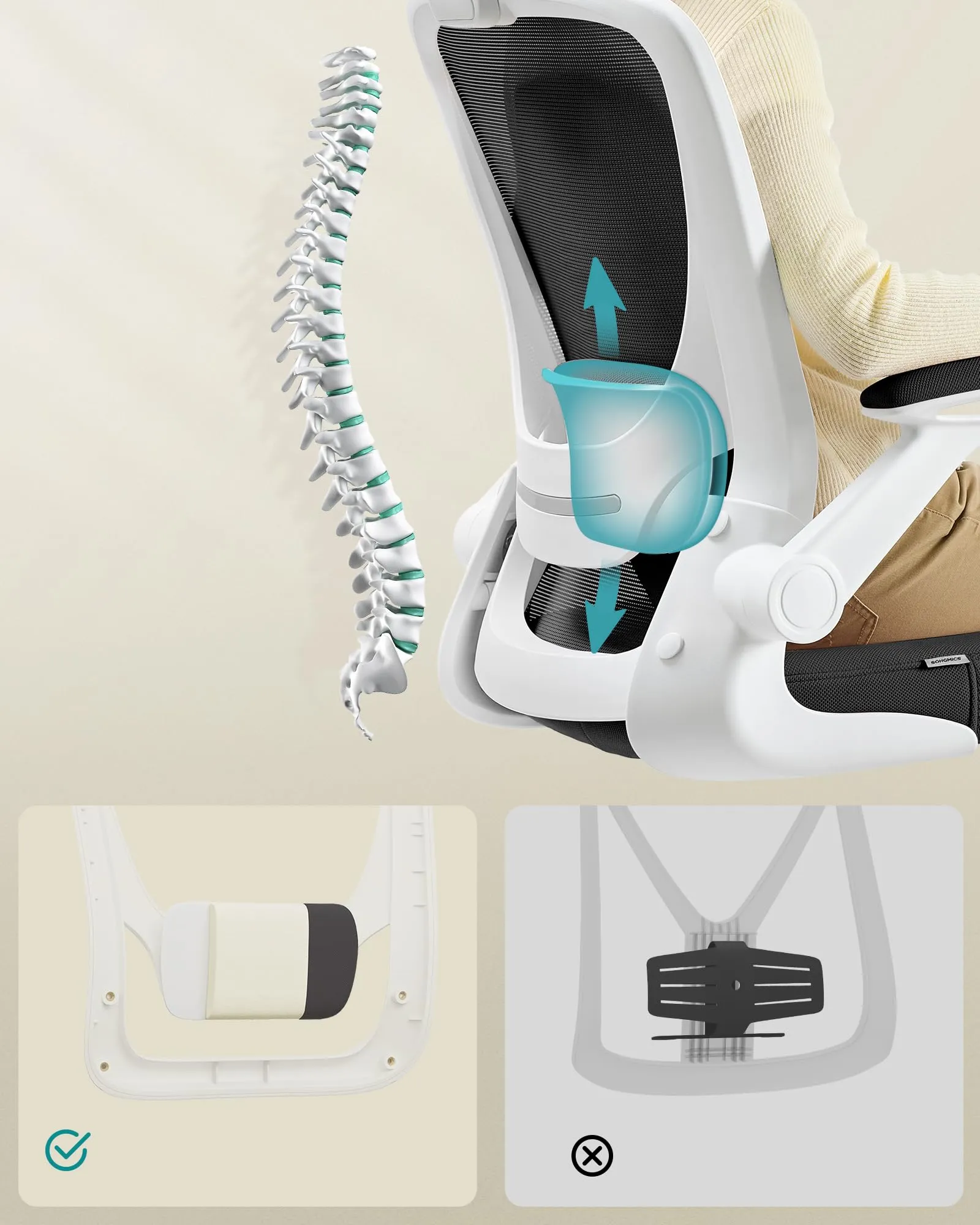 SONGMICS Sedia da Ufficio Girevole Ergonomica in Rete con Supporto Lombare e Braccioli Pieghevoli, Bianco e Nero OBN37WT - immagine 3