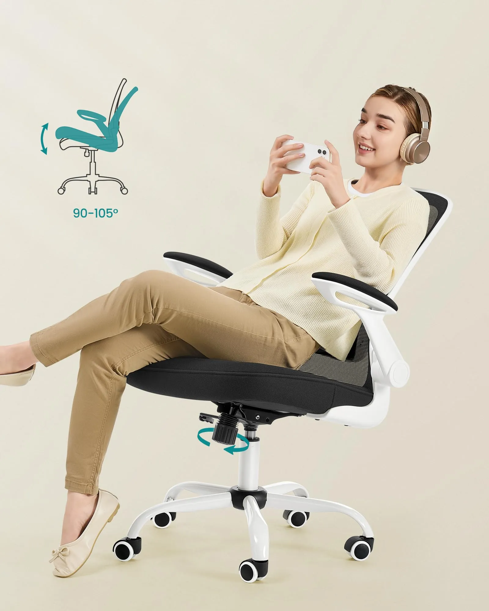 SONGMICS Sedia da Ufficio Girevole Ergonomica in Rete con Supporto Lombare e Braccioli Pieghevoli, Bianco e Nero OBN37WT - immagine 5