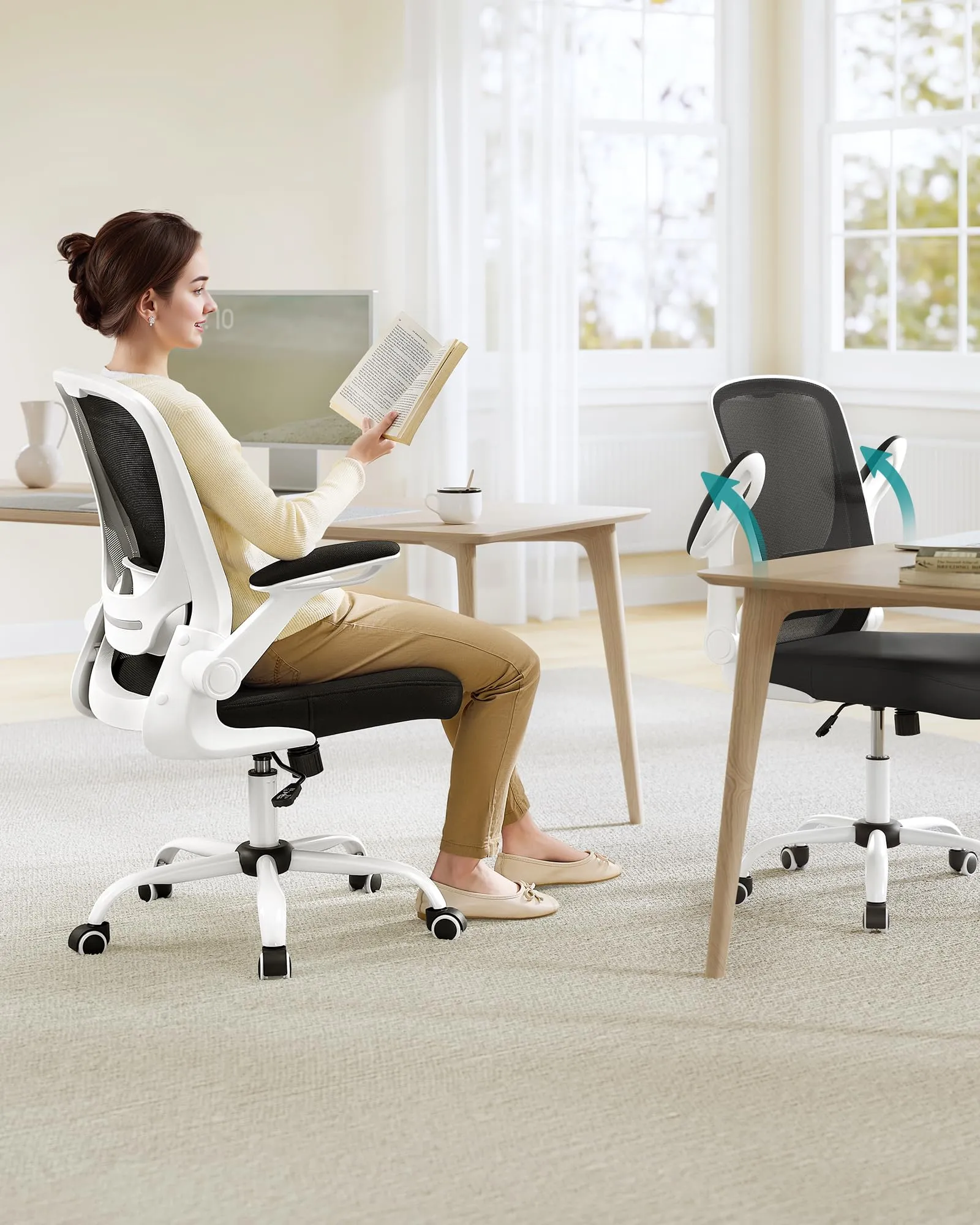 SONGMICS Sedia da Ufficio Girevole Ergonomica in Rete con Supporto Lombare e Braccioli Pieghevoli, Bianco e Nero OBN37WT - immagine 6