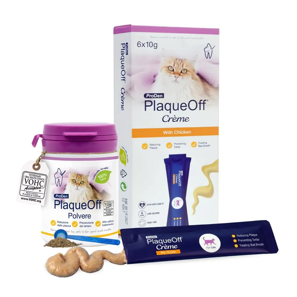 ProDen PlaqueOff Kit Cura Dentale per Gatti - Polvere 40g e 6 Snack Cremosi - immagine 1