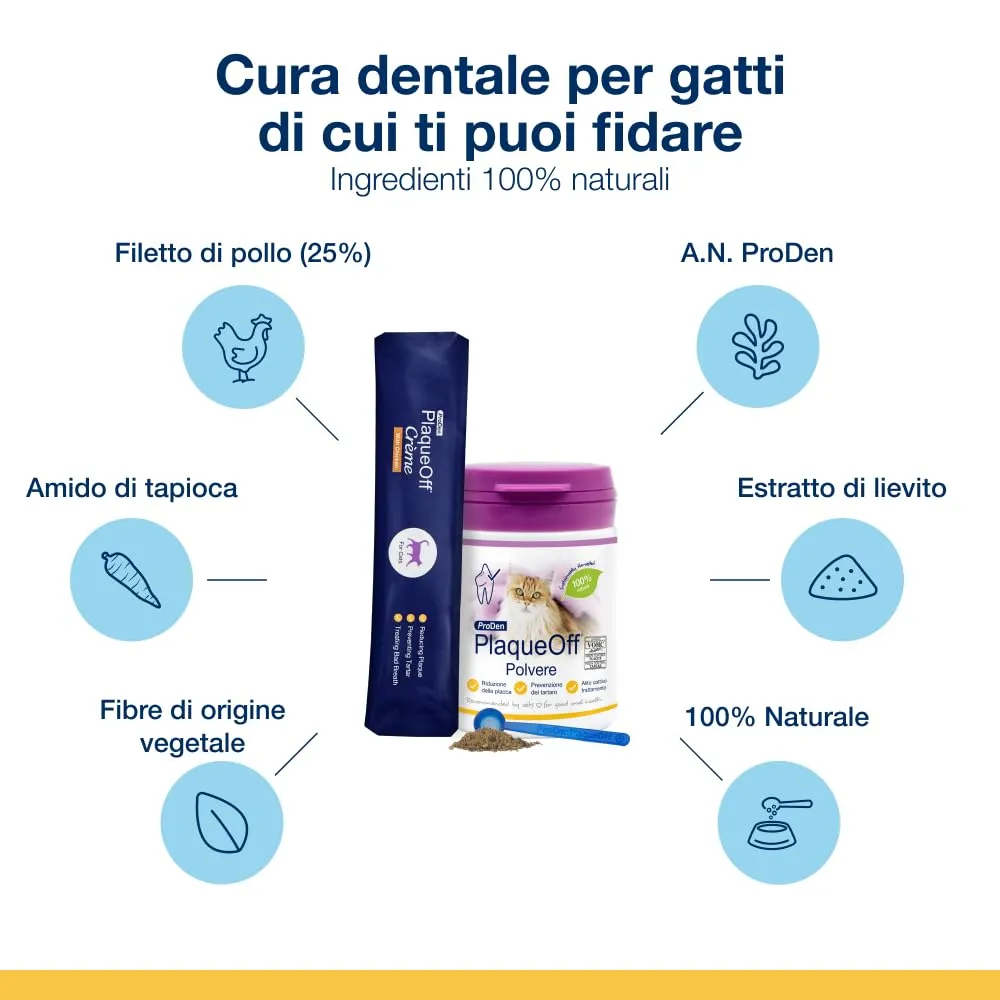 ProDen PlaqueOff Kit Cura Dentale per Gatti - Polvere 40g e 6 Snack Cremosi - immagine 4