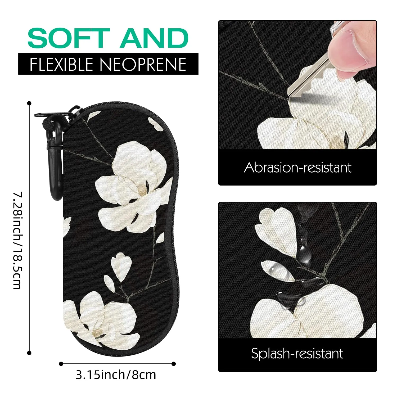 MoKo Soft Neoprene Eyeglass Case with Belt Clip, Black & White Magnolia - immagine 2