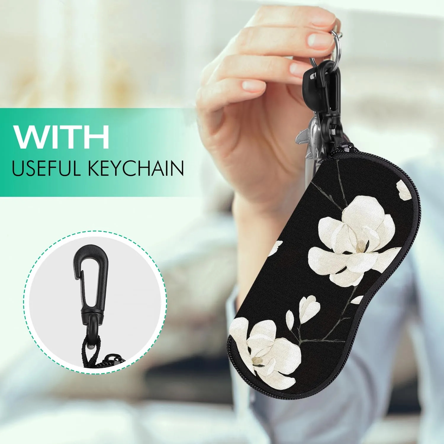 MoKo Soft Neoprene Eyeglass Case with Belt Clip, Black & White Magnolia - immagine 3