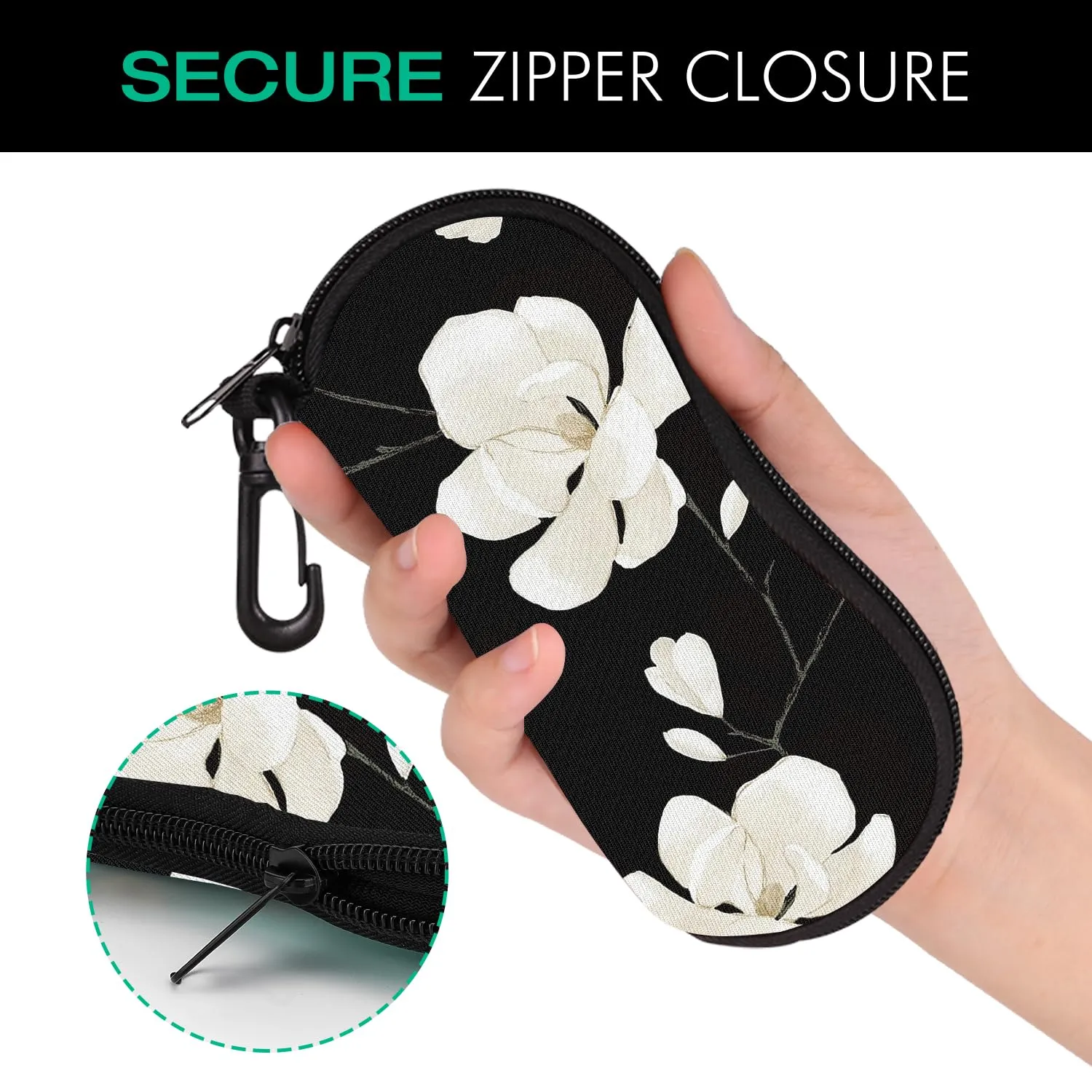 MoKo Soft Neoprene Eyeglass Case with Belt Clip, Black & White Magnolia - immagine 4