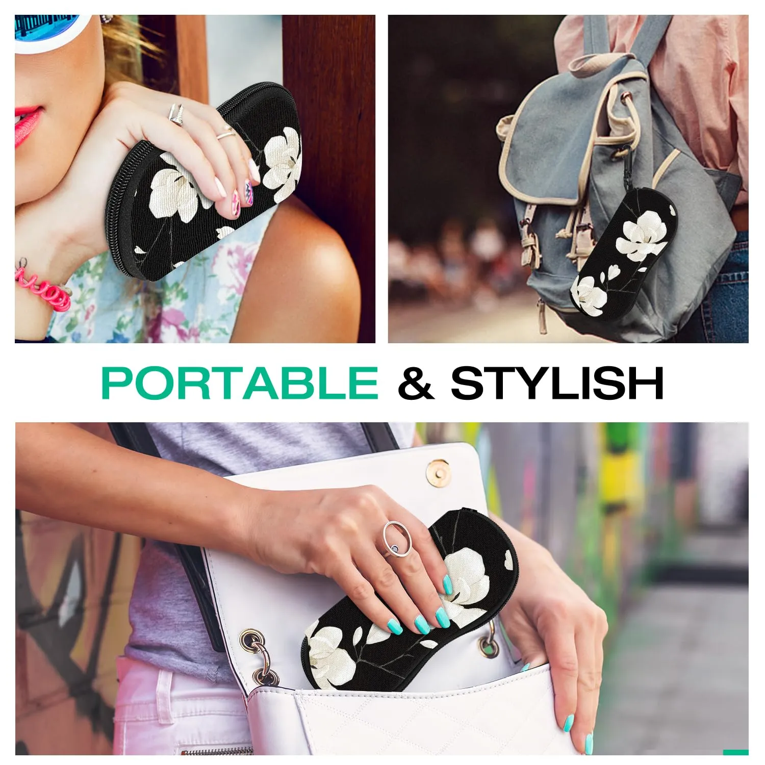 MoKo Soft Neoprene Eyeglass Case with Belt Clip, Black & White Magnolia - immagine 5