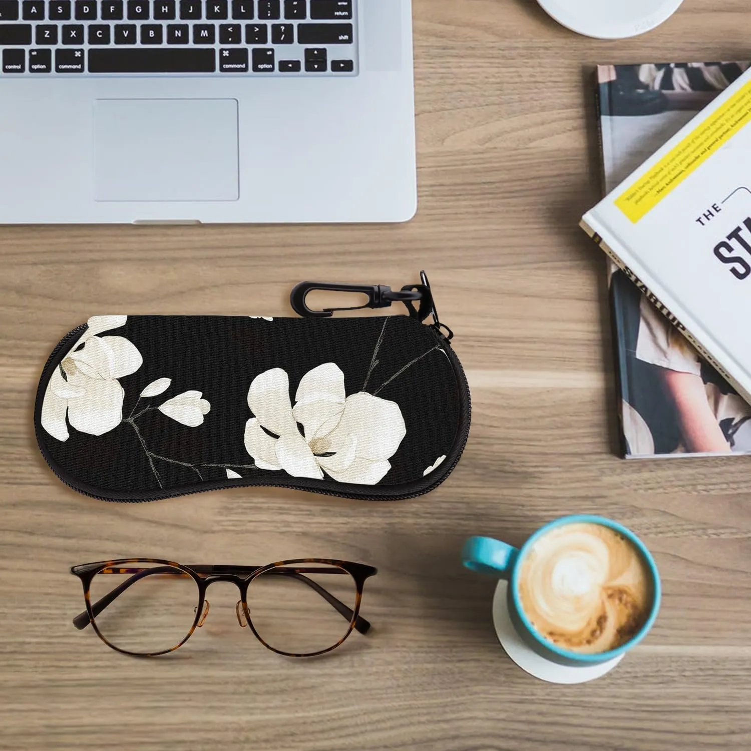 MoKo Soft Neoprene Eyeglass Case with Belt Clip, Black & White Magnolia - immagine 6