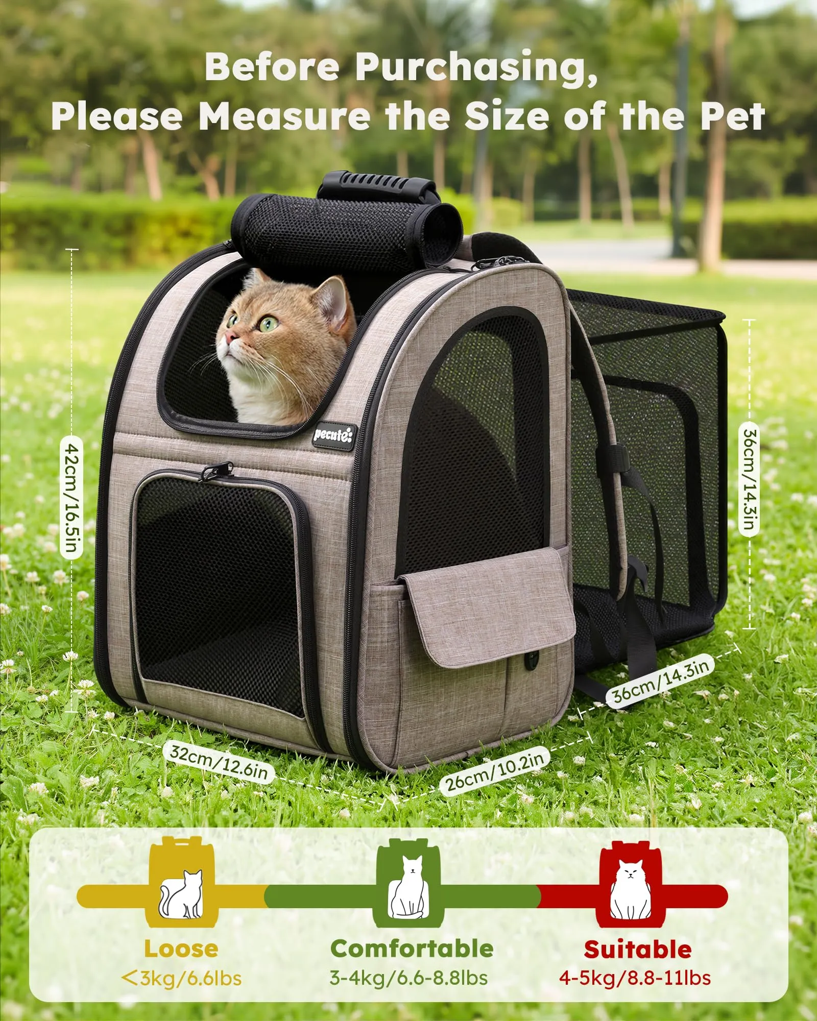 Pecute Zaino Trasportino Estensibile per Cani e Gatti, Cuccia Portatile PSM-04M - immagine 2