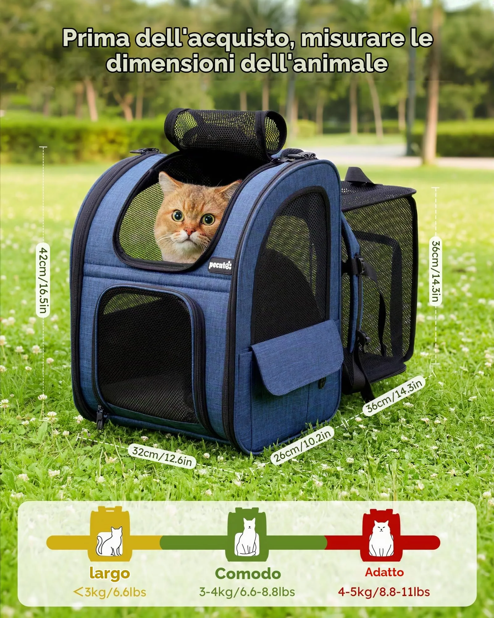 Pecute Zaino per Cani e Gatti Estensibile, Trasportino Portatile PSM-05M - immagine 2