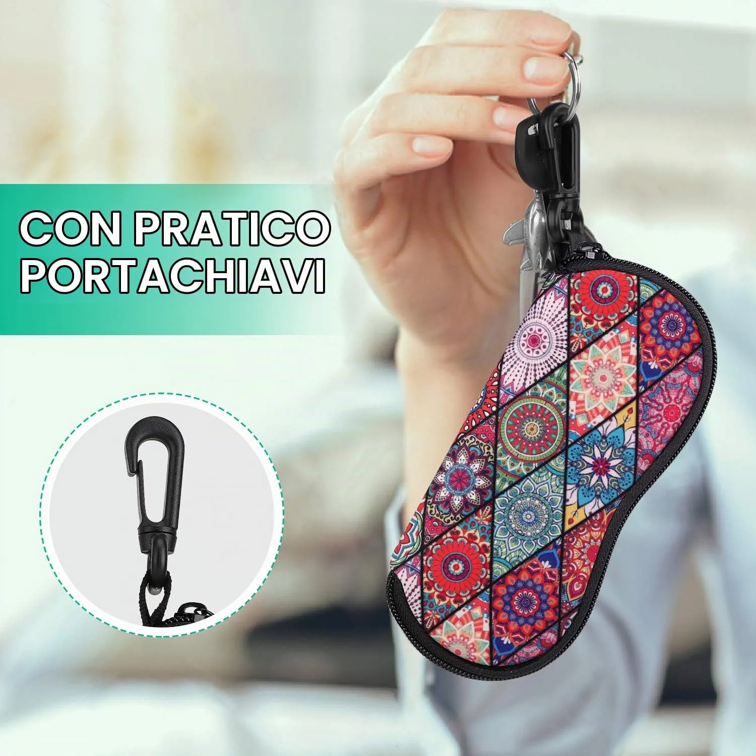 MoKo Custodia morbida in neoprene per occhiali da sole con chiusura a cerniera e clip per cintura, Datura - immagine 4