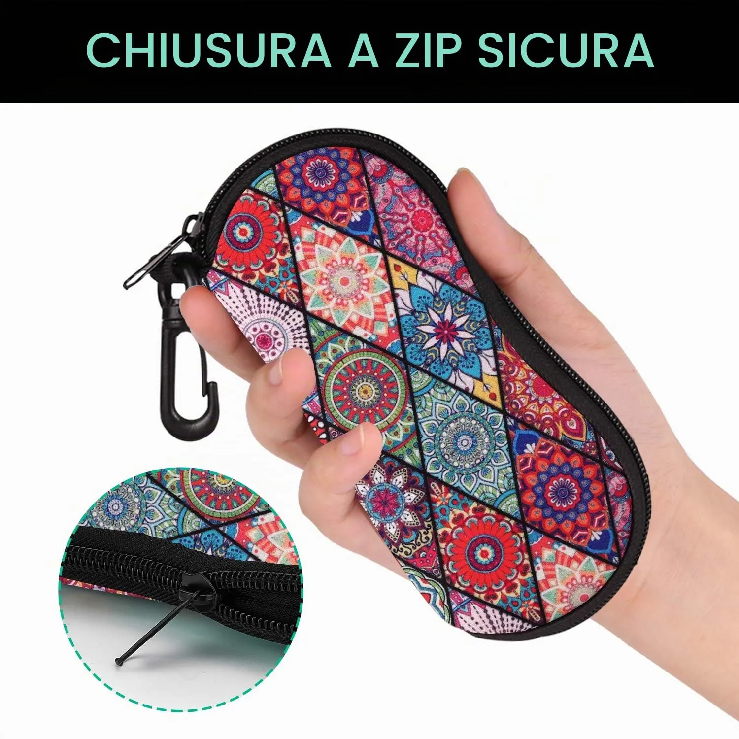 MoKo Custodia morbida in neoprene per occhiali da sole con chiusura a cerniera e clip per cintura, Datura - immagine 5