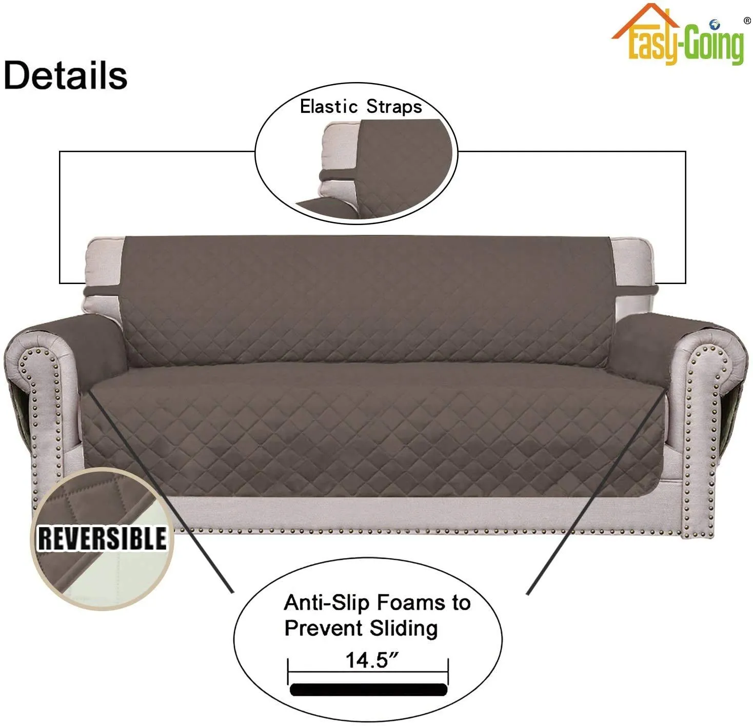 Easy-Going Copridivano Reversibile 4 Posti Impermeabile con Cinghie Elastiche e Tubi in Schiuma (XXL, Tortora/Avorio) - immagine 3