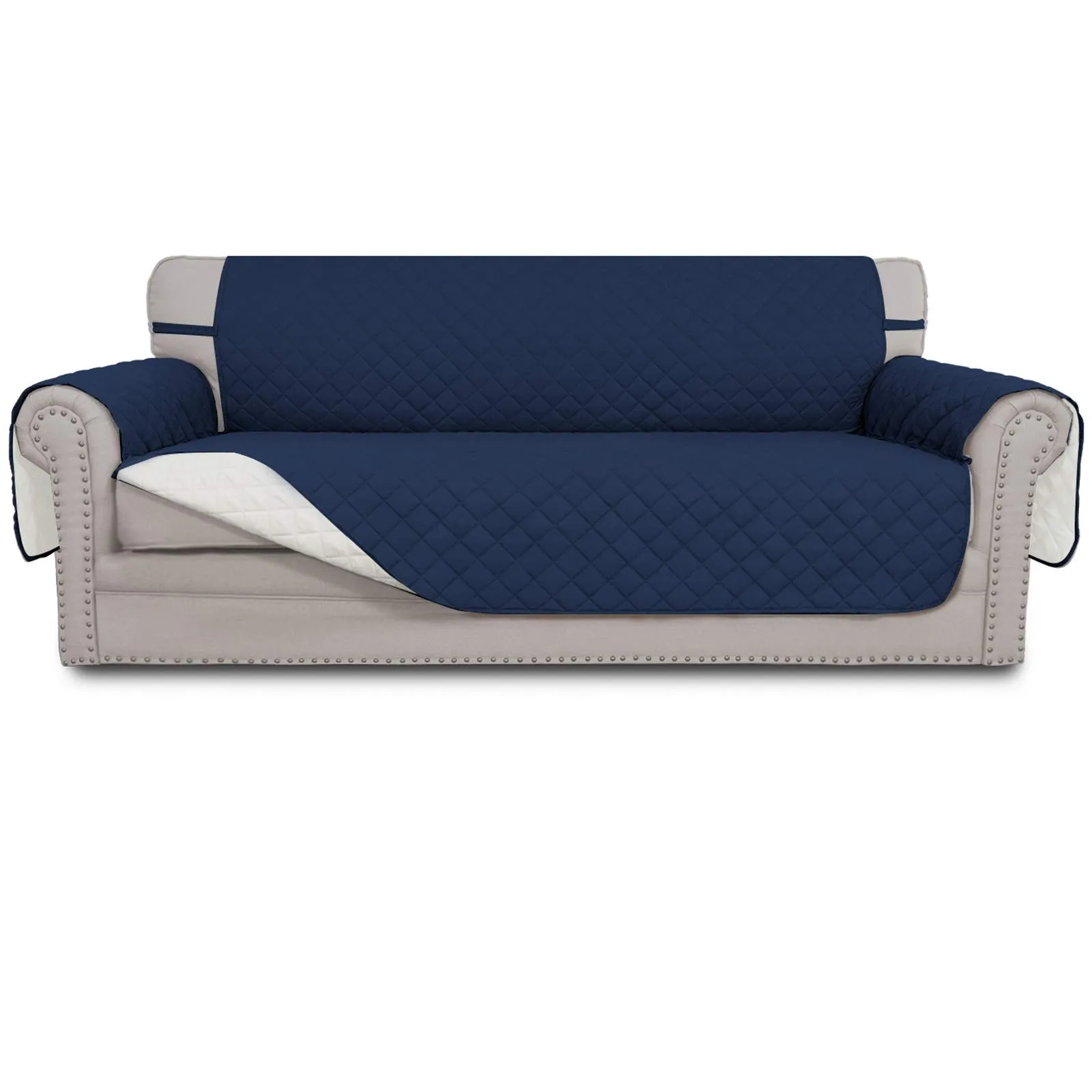 Easy-Going Copridivano Reversibile 4 Posti Impermeabile con Cinghie Elastiche e Bastoncini in Schiuma, XXL, Blu Navy/Avorio - immagine 1