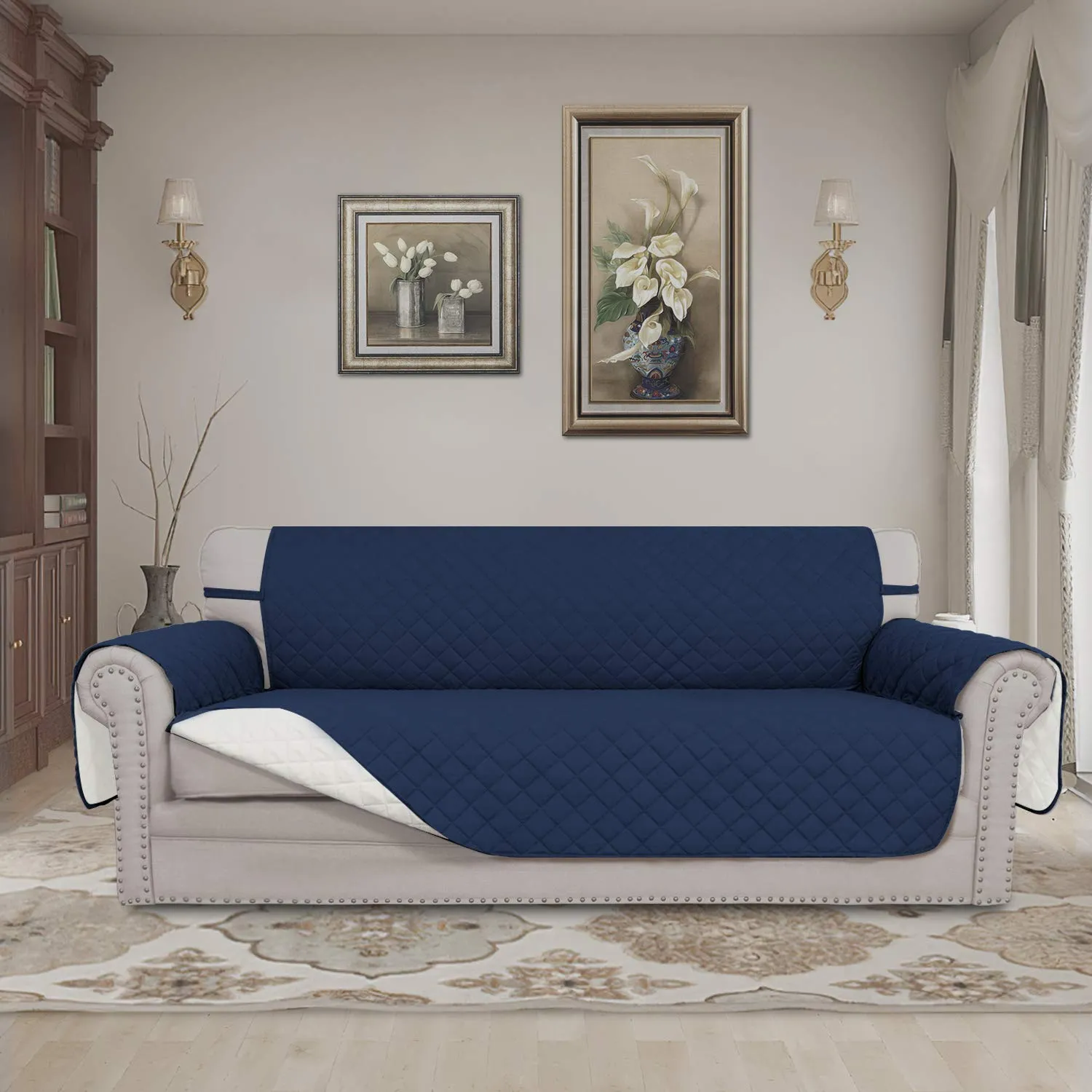 Easy-Going Copridivano Reversibile 4 Posti Impermeabile con Cinghie Elastiche e Bastoncini in Schiuma, XXL, Blu Navy/Avorio - immagine 2