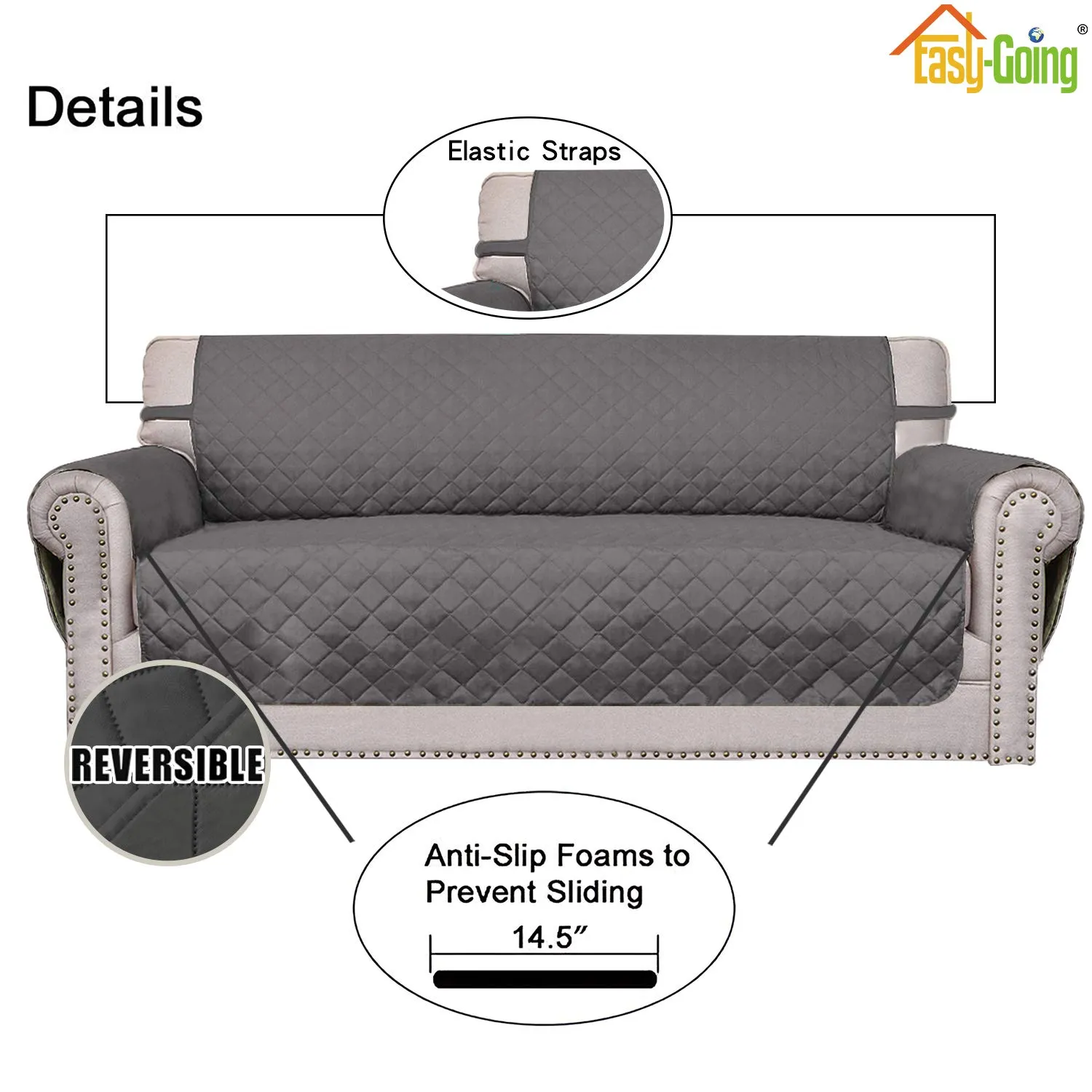Easy-Going Copridivano Reversibile a 4 Posti, Impermeabile con Cinghie Elastiche e Bastoncini in Schiuma, XXL, Grigio - immagine 3