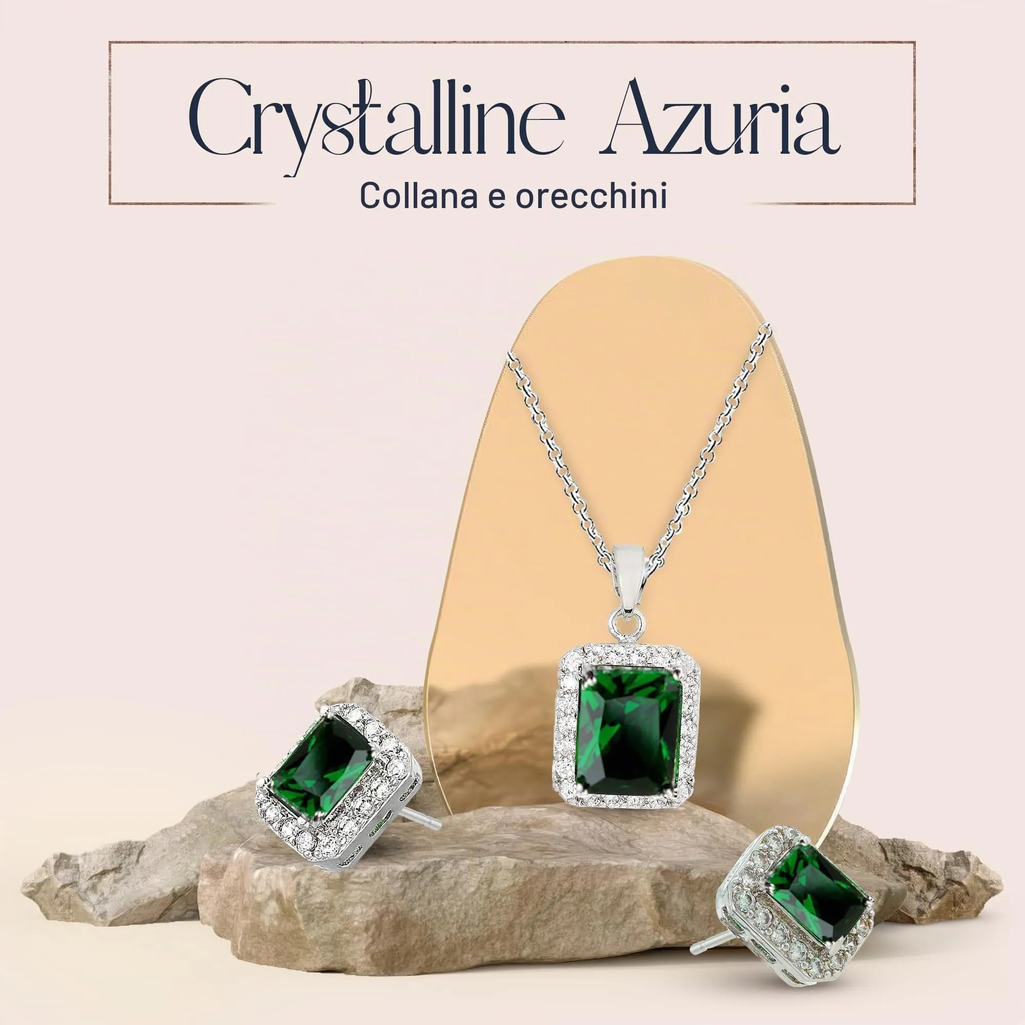 Crystalline Azuria Donna 18ct Placcato Oro Bianco Parure con Verde Smeraldo Simulato e Cristalli di Zirconi, Collana con Ciondolo 45 cm e Orecchini a Lobo - immagine 2