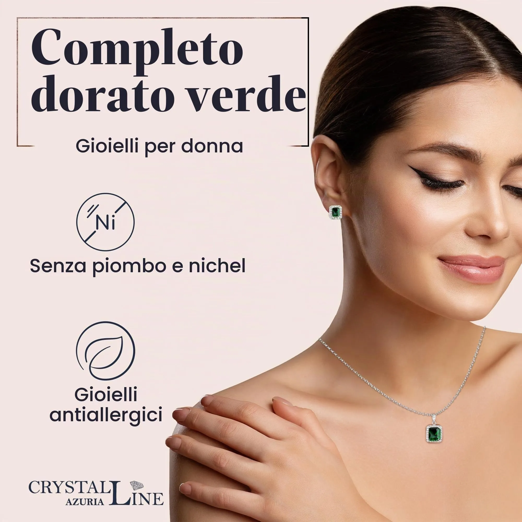 Crystalline Azuria Donna 18ct Placcato Oro Bianco Parure con Verde Smeraldo Simulato e Cristalli di Zirconi, Collana con Ciondolo 45 cm e Orecchini a Lobo - immagine 3