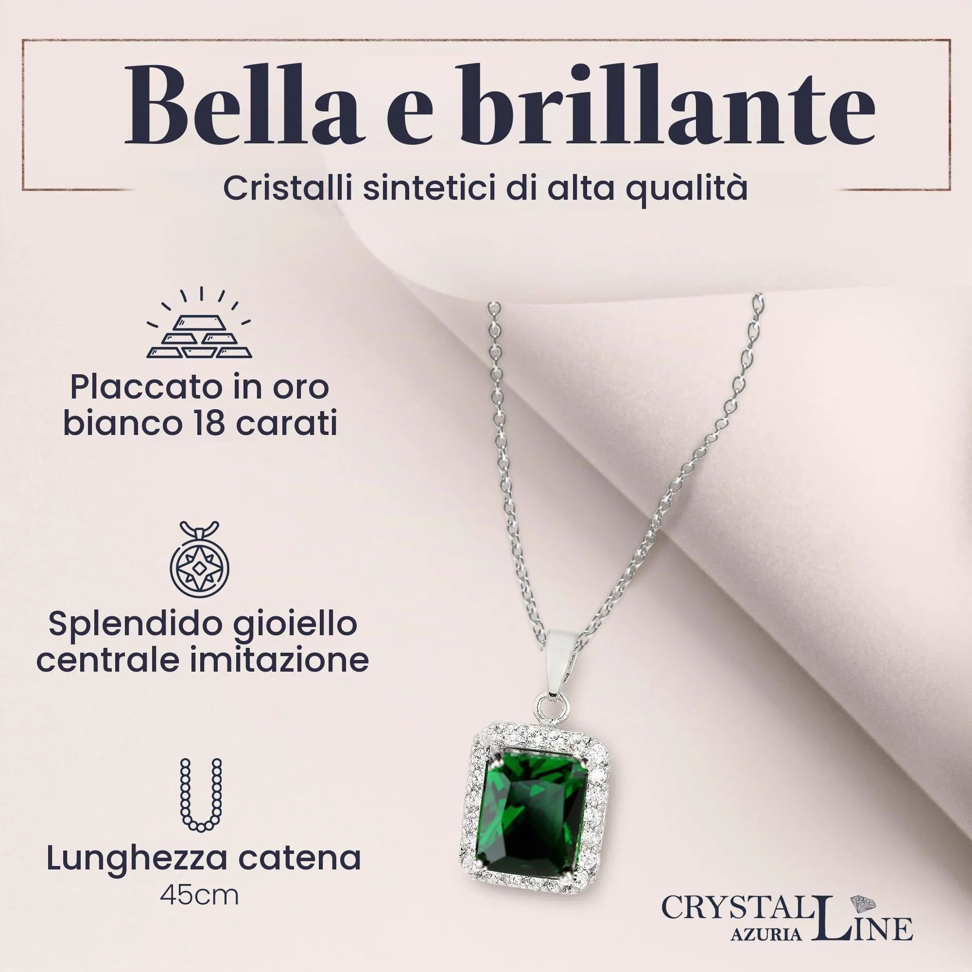 Crystalline Azuria Donna 18ct Placcato Oro Bianco Parure con Verde Smeraldo Simulato e Cristalli di Zirconi, Collana con Ciondolo 45 cm e Orecchini a Lobo - immagine 4