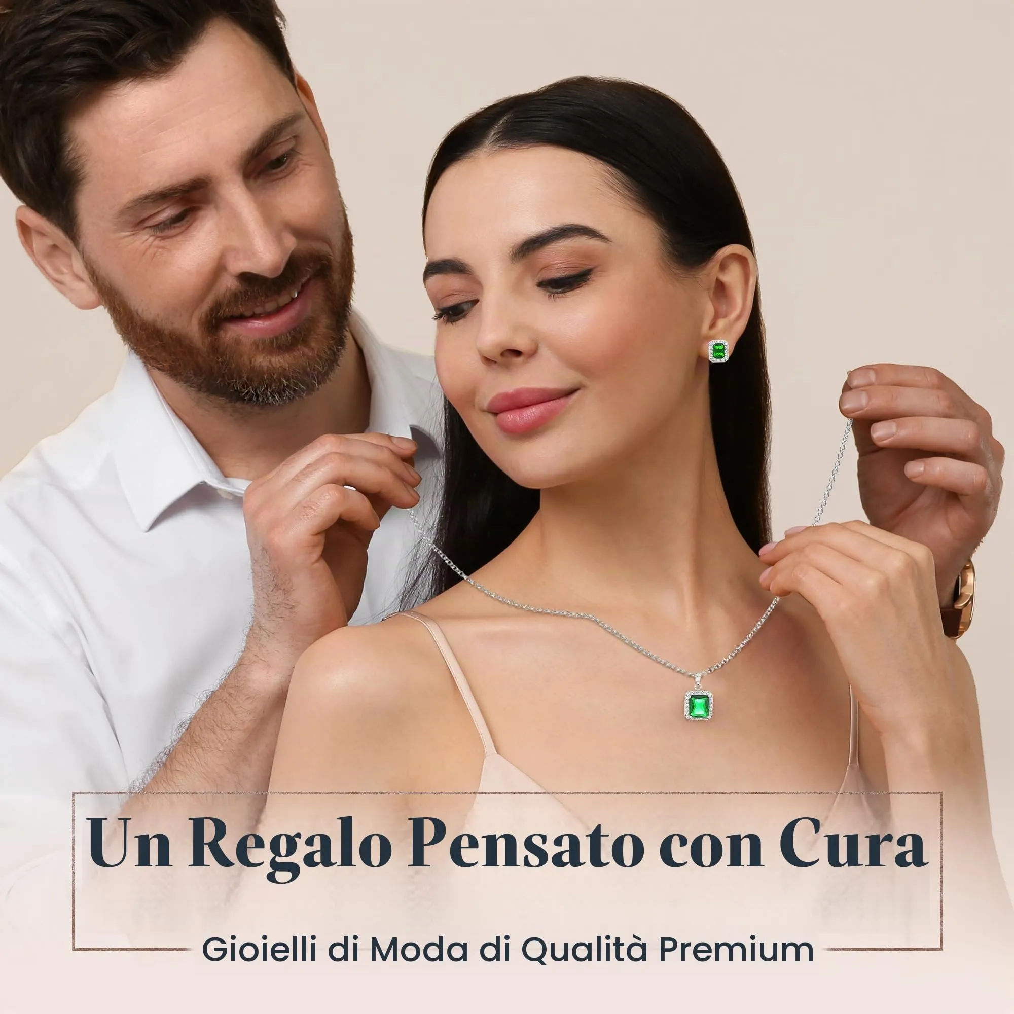 Crystalline Azuria Donna 18ct Placcato Oro Bianco Parure con Verde Smeraldo Simulato e Cristalli di Zirconi, Collana con Ciondolo 45 cm e Orecchini a Lobo - immagine 7