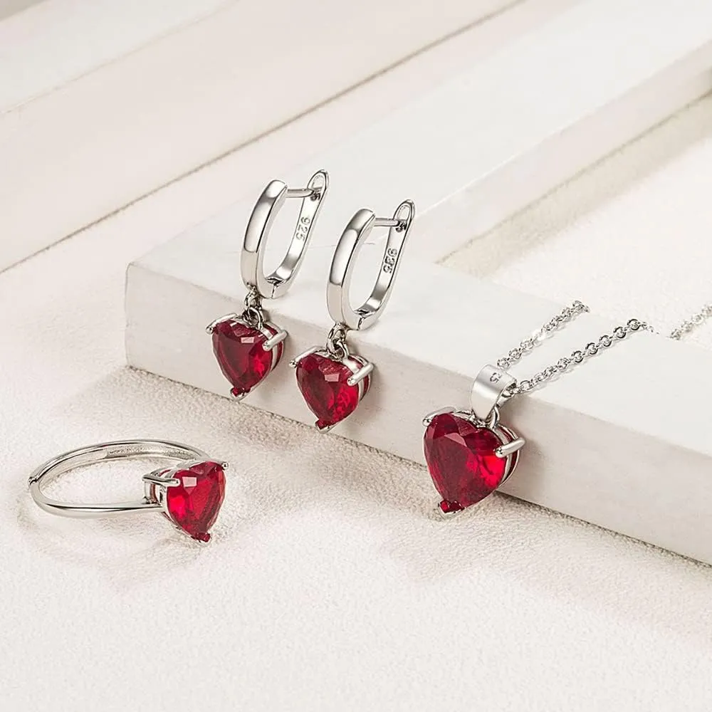 TTPSRY Set di Gioielli con Collana, Orecchini e Anello in Argento con Strass Cuore Pendente (Rosso) - immagine 8