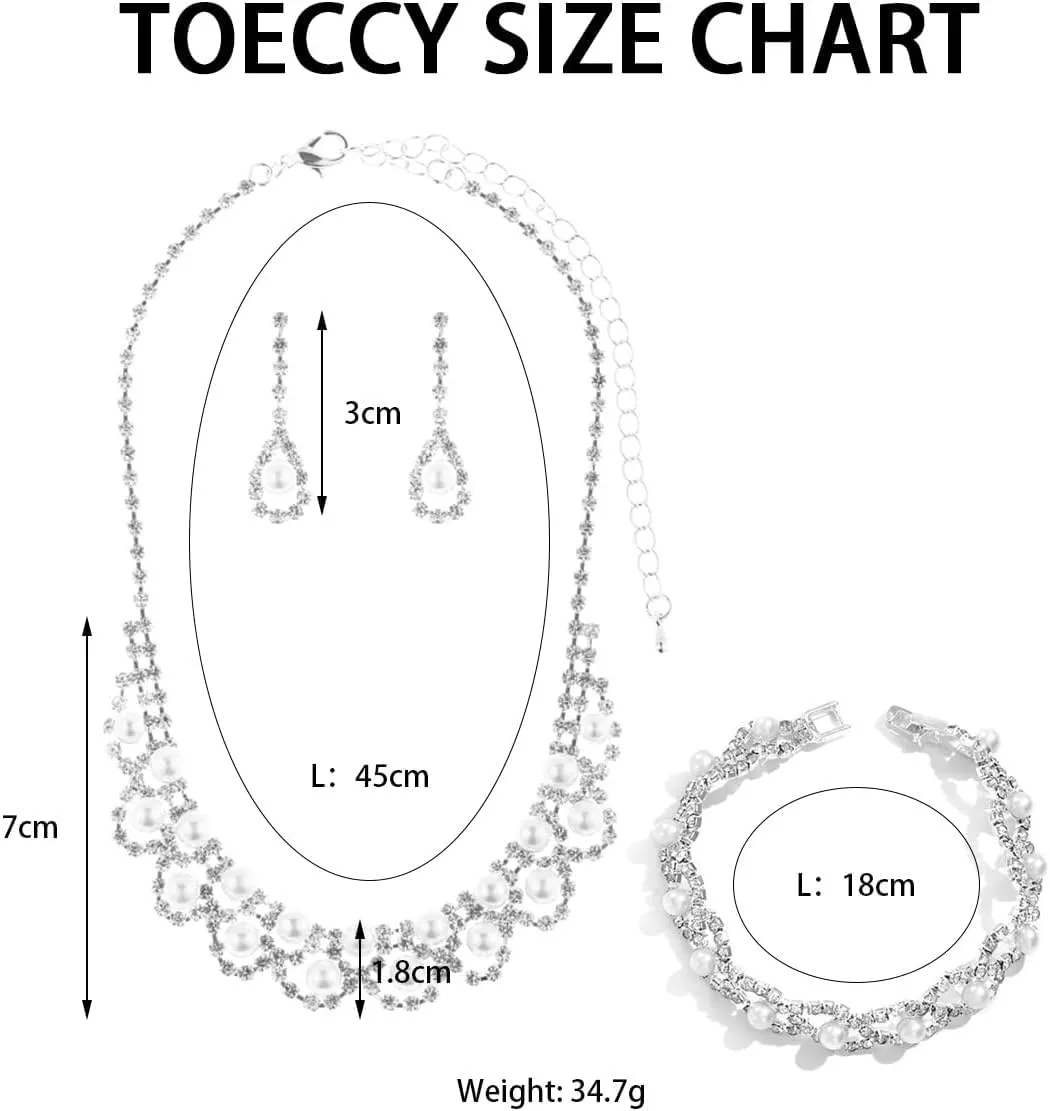 TOEECY Set di Gioielli da Sposa con Collana, Bracciale e Orecchini in Strass e Perle (#4) - immagine 2