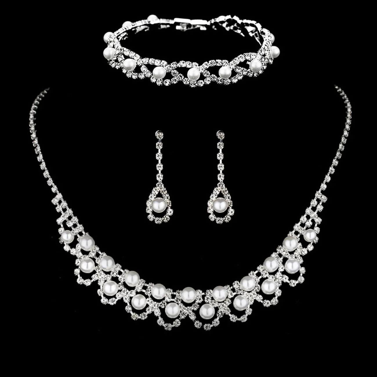 TOEECY Set di Gioielli da Sposa con Collana, Bracciale e Orecchini in Strass e Perle (#4) - immagine 3