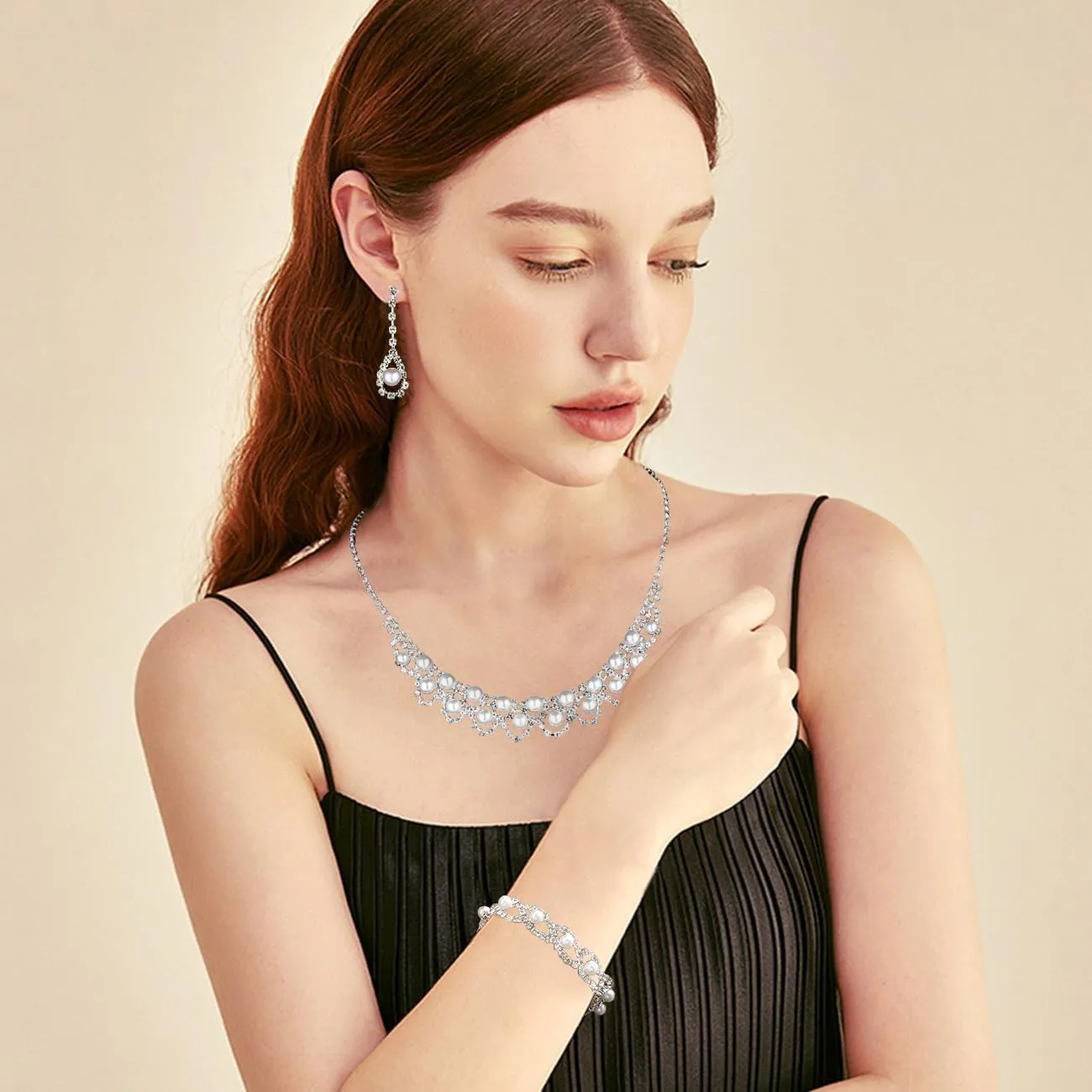 TOEECY Set di Gioielli da Sposa con Collana, Bracciale e Orecchini in Strass e Perle (#4) - immagine 4