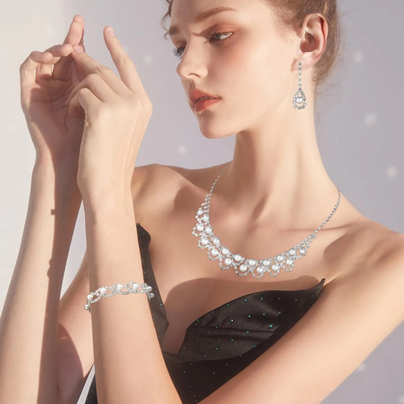 TOEECY Set di Gioielli da Sposa con Collana, Bracciale e Orecchini in Strass e Perle (#4) - immagine 6